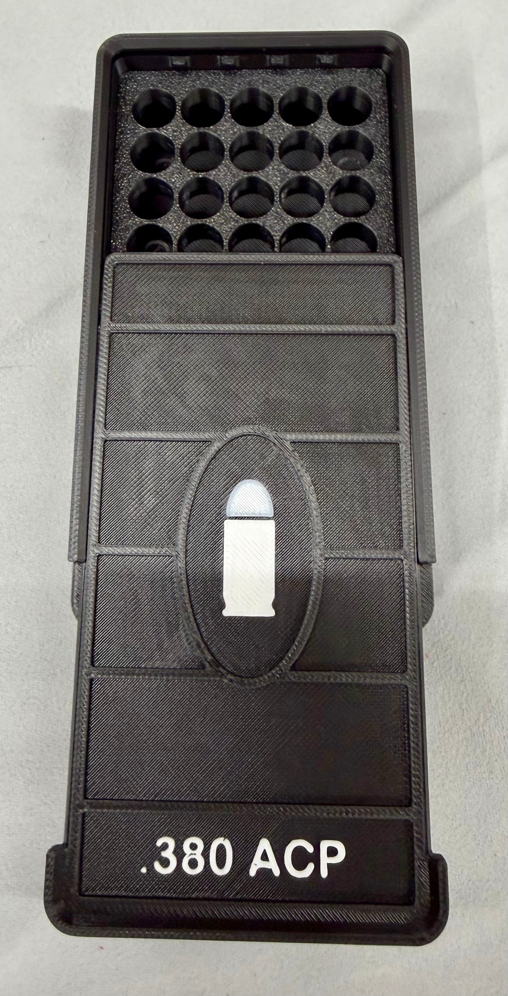 50 Round .380 ACP Ammo Box In OD Black & White 3D Printed Sliding Lock Case