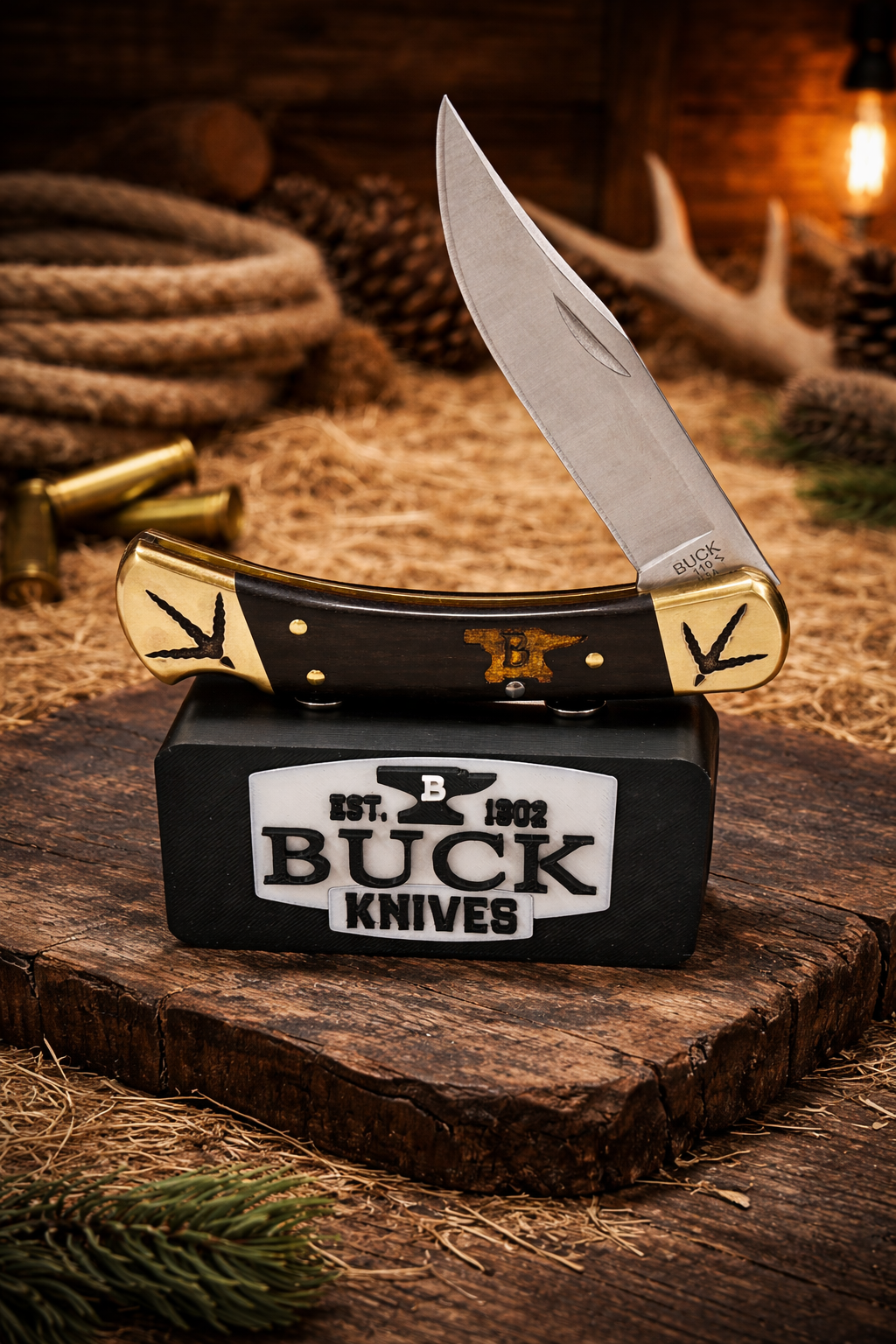 Custom Engraved Buck 110 “Turkey Hunter Edition” – Laser Finished Bolsters, Anvil Handles & Matching Leather Sheath