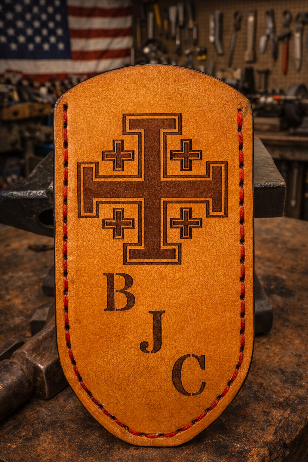 Custom Jerusalem Cross Leather Pocket Knife Slip – Handmade & Personalized