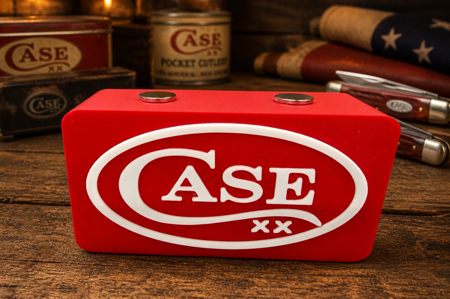 Magnetic Case XX Knife Display Stand – Red & White 3D Printed Collector Block (4” x 2” x 1.5”)