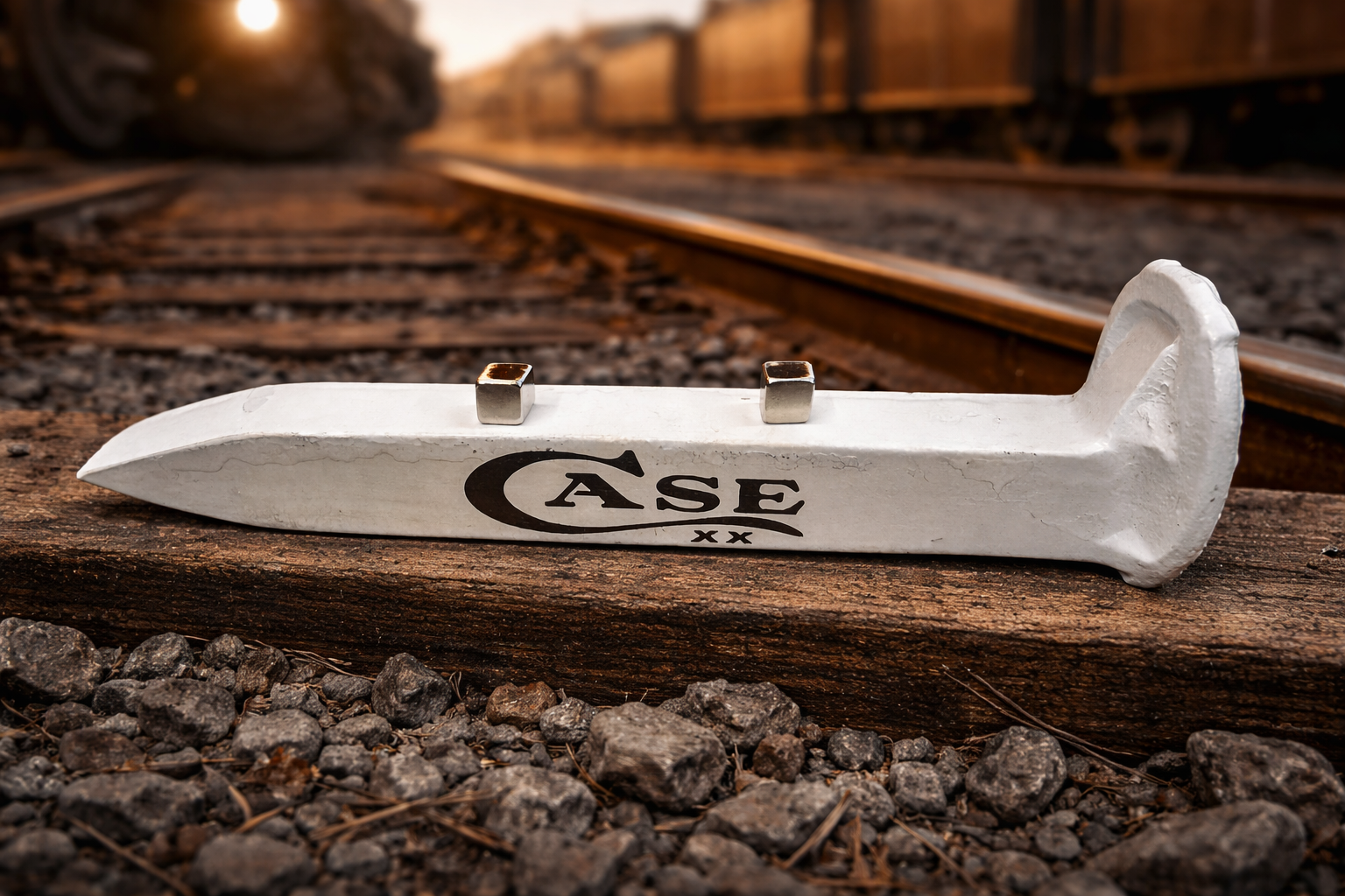 Repurposed White Railroad Spike Knife Display – White Case XX Engraved Stand w/ Magnetic Knife Holder – Authentic Retired Alabama Rail Spike