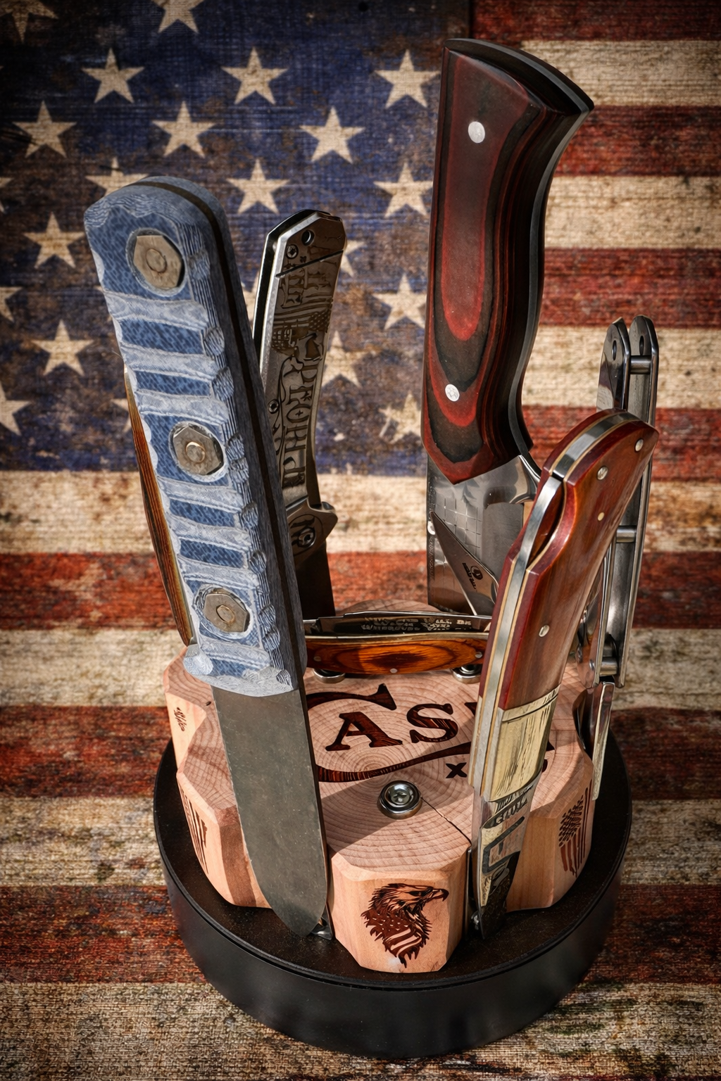 Handcrafted Rotating Cedar Case XX Collector Display – Patriotic 6 Knife Stand (One of a Kind)