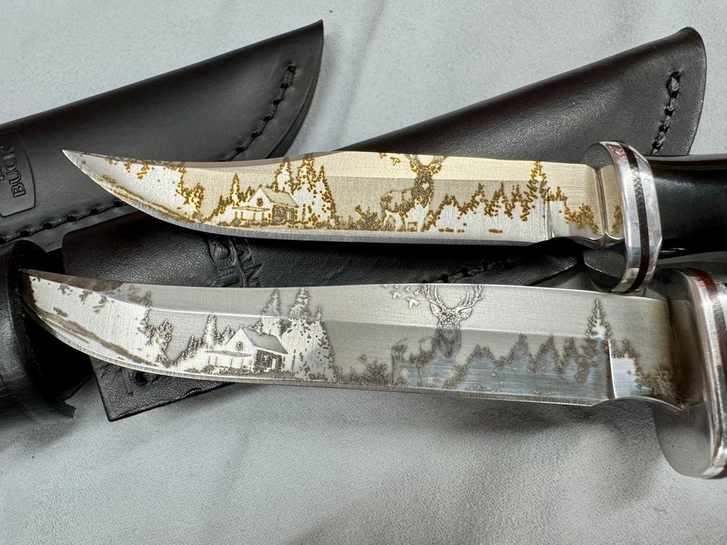 Custom Buck 102 & 105 Knife Set – Cabin, Forest & Whitetail Laser Engraved Blades