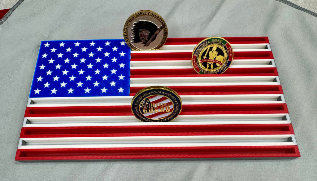 American Flag Challenge Coin Display – 3D Printed Patriotic Coin Holder (5” x 9.5”)