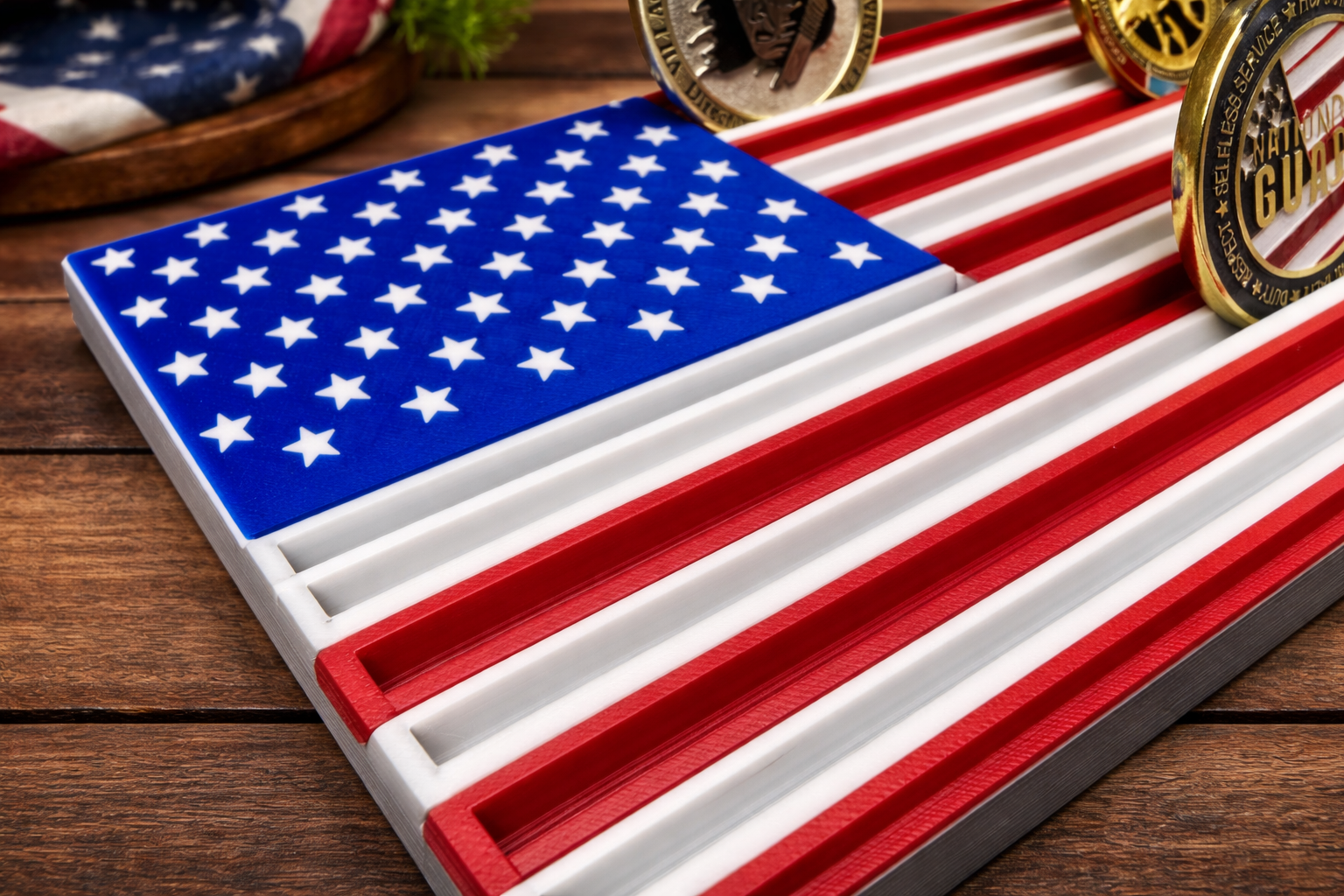 American Flag Challenge Coin Display – 3D Printed Patriotic Coin Holder (5” x 9.5”)