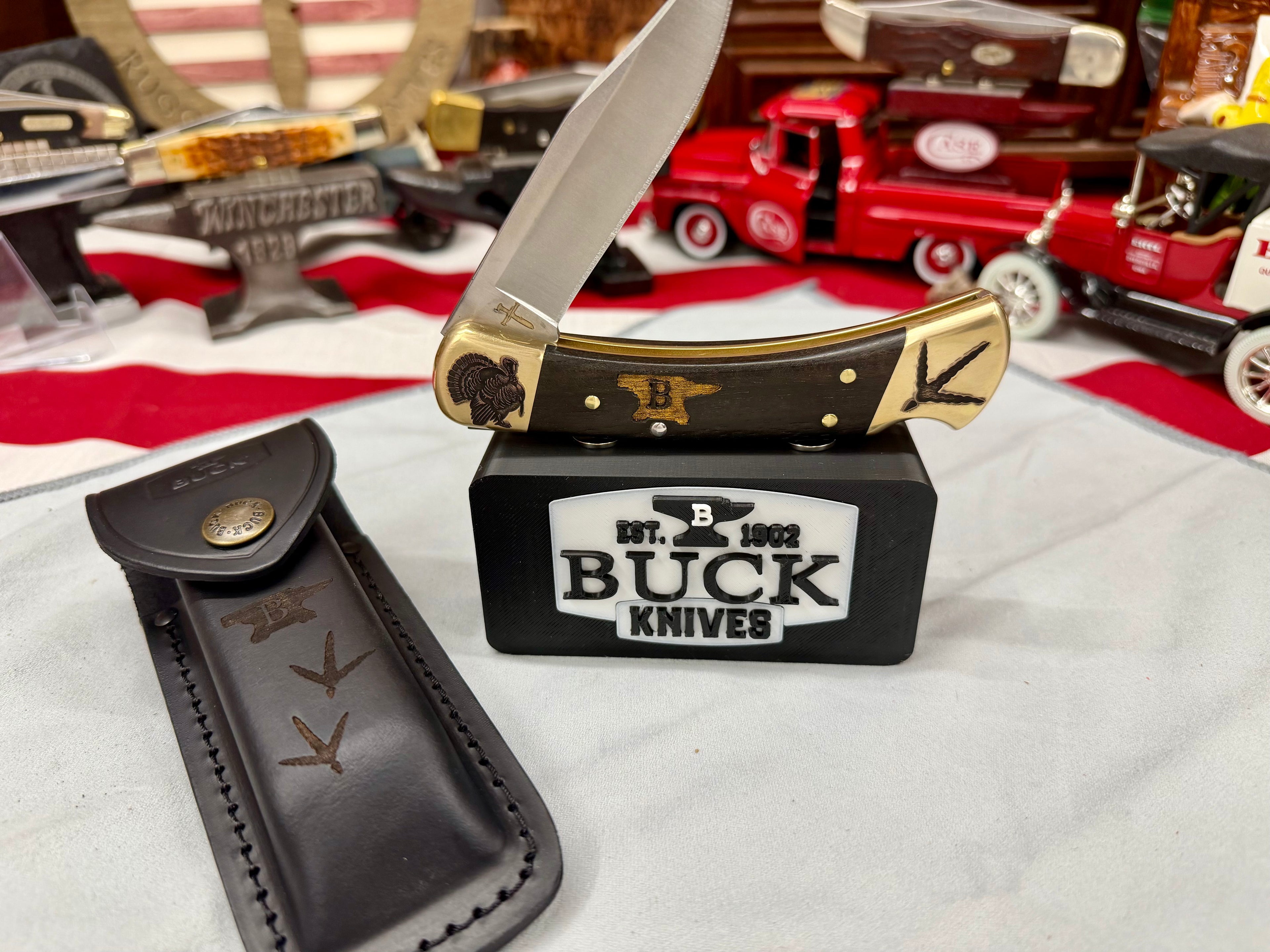 Custom Engraved Buck 110 “Turkey Hunter Edition” – Laser Finished Bolsters, Anvil Handles & Matching Leather Sheath