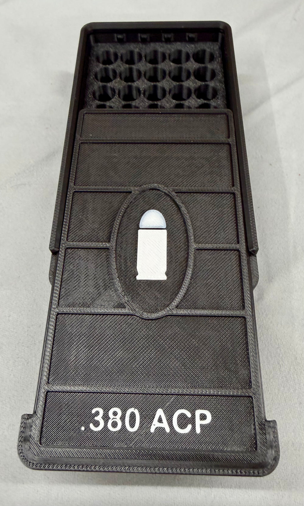 50 Round .380 ACP Ammo Box In OD Black & White 3D Printed Sliding Lock Case