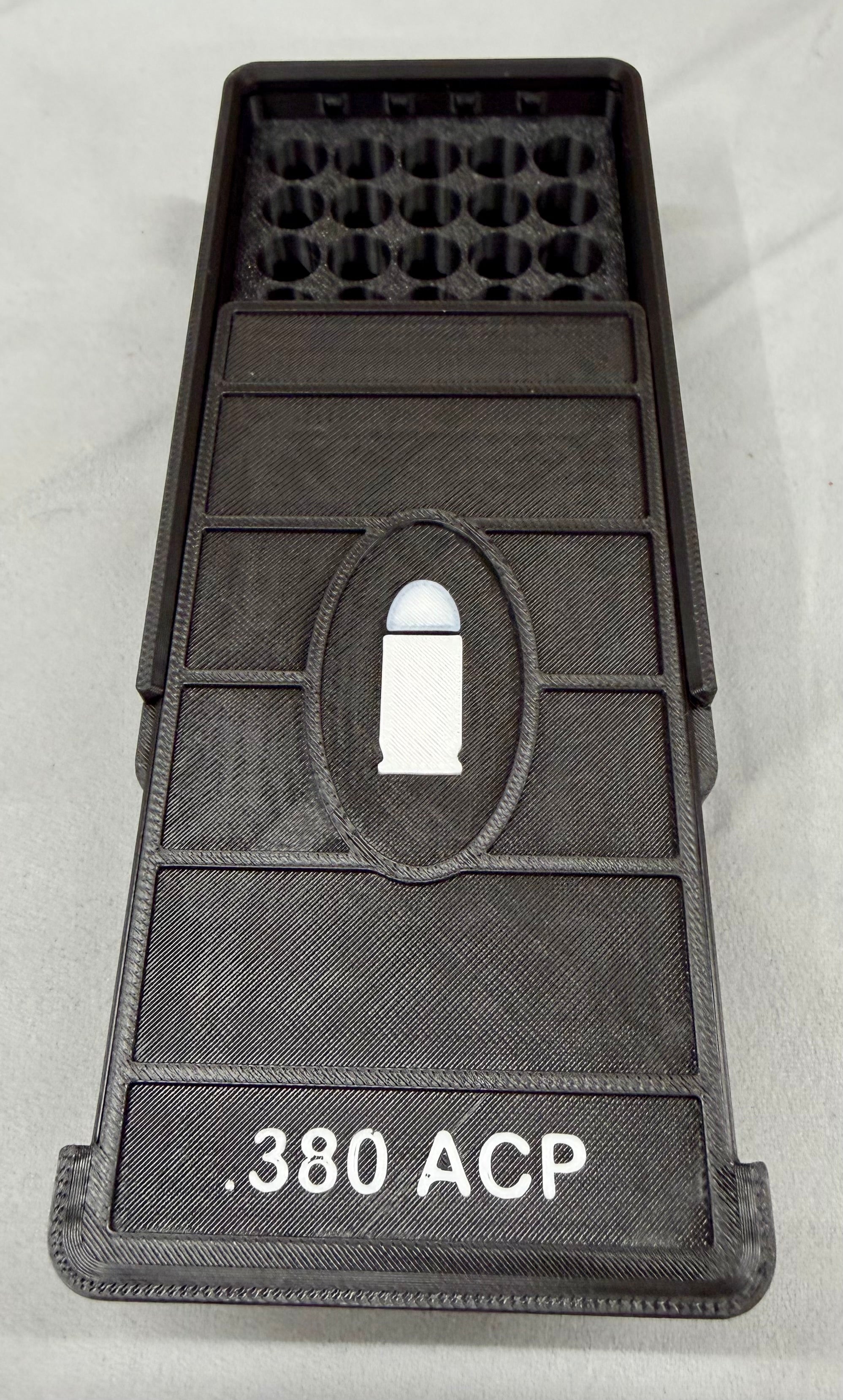 50 Round .380 ACP Ammo Box In OD Black & White 3D Printed Sliding Lock Case
