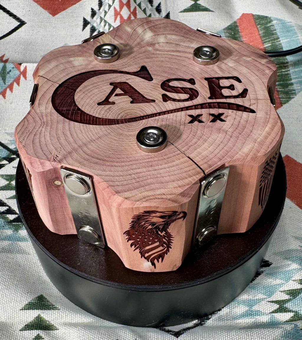 Handcrafted Rotating Cedar Case XX Collector Display – Patriotic 6 Knife Stand (One of a Kind)