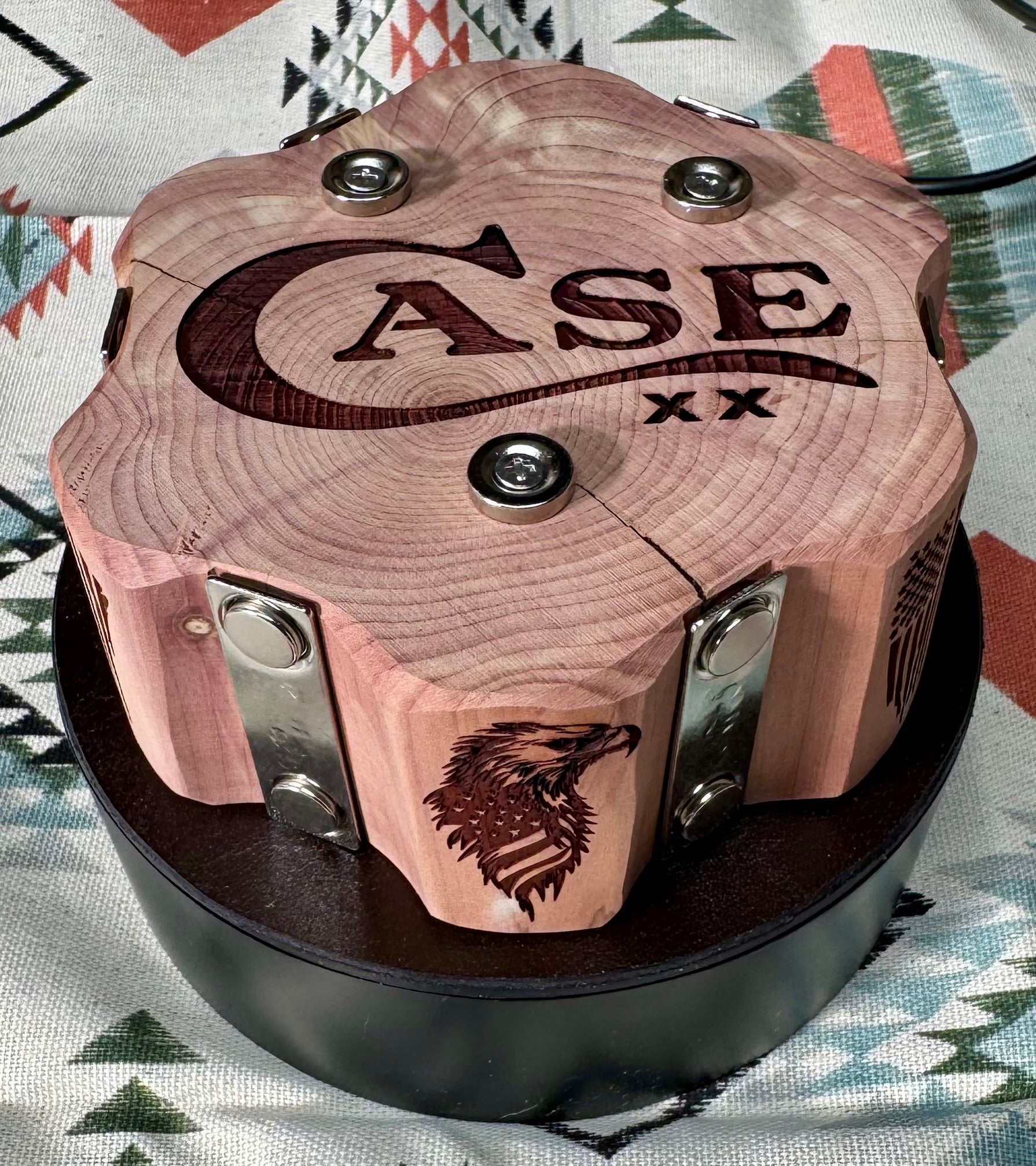 Handcrafted Rotating Cedar Case XX Collector Display – Patriotic 6 Knife Stand (One of a Kind)