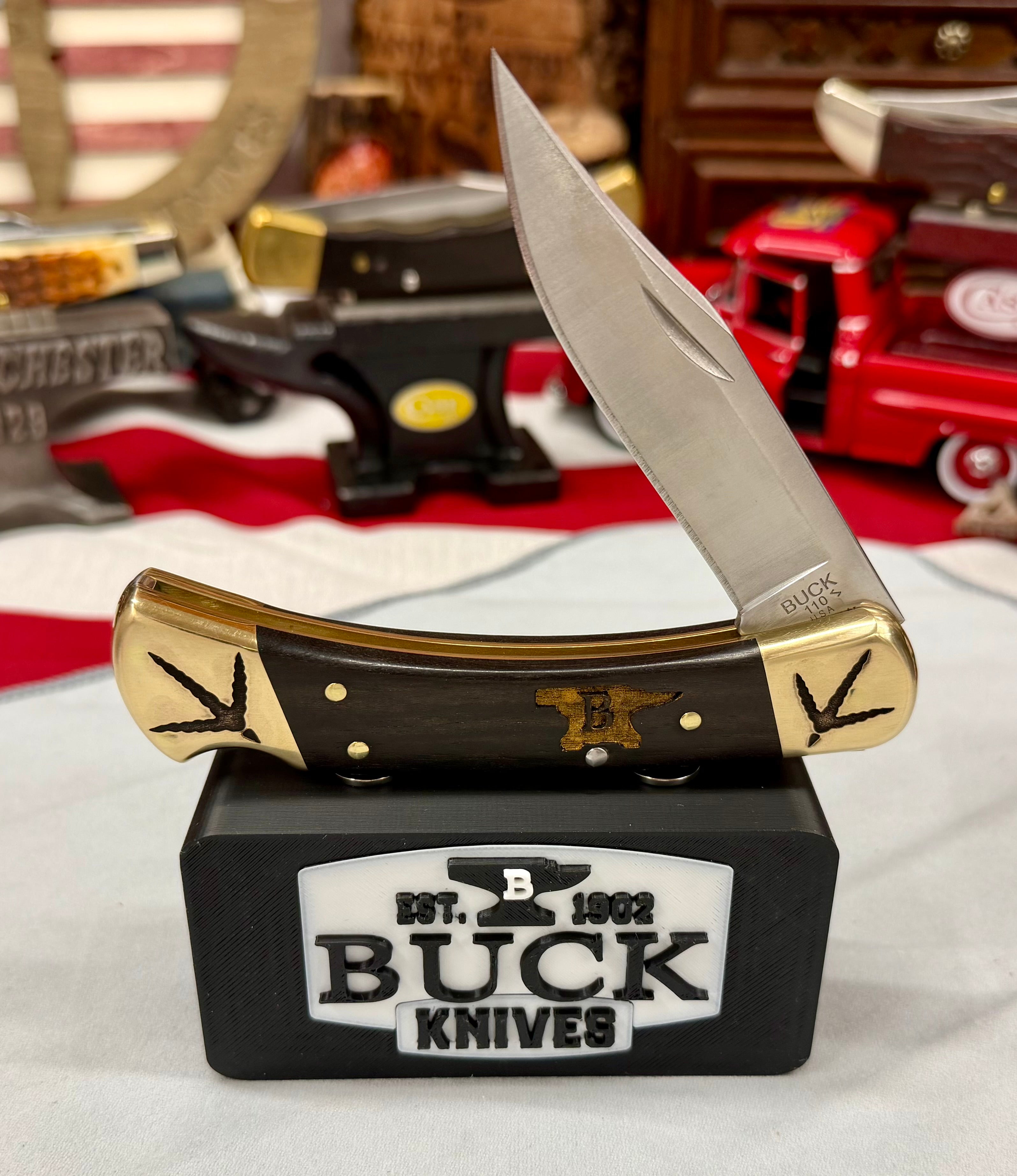 Custom Engraved Buck 110 “Turkey Hunter Edition” – Laser Finished Bolsters, Anvil Handles & Matching Leather Sheath