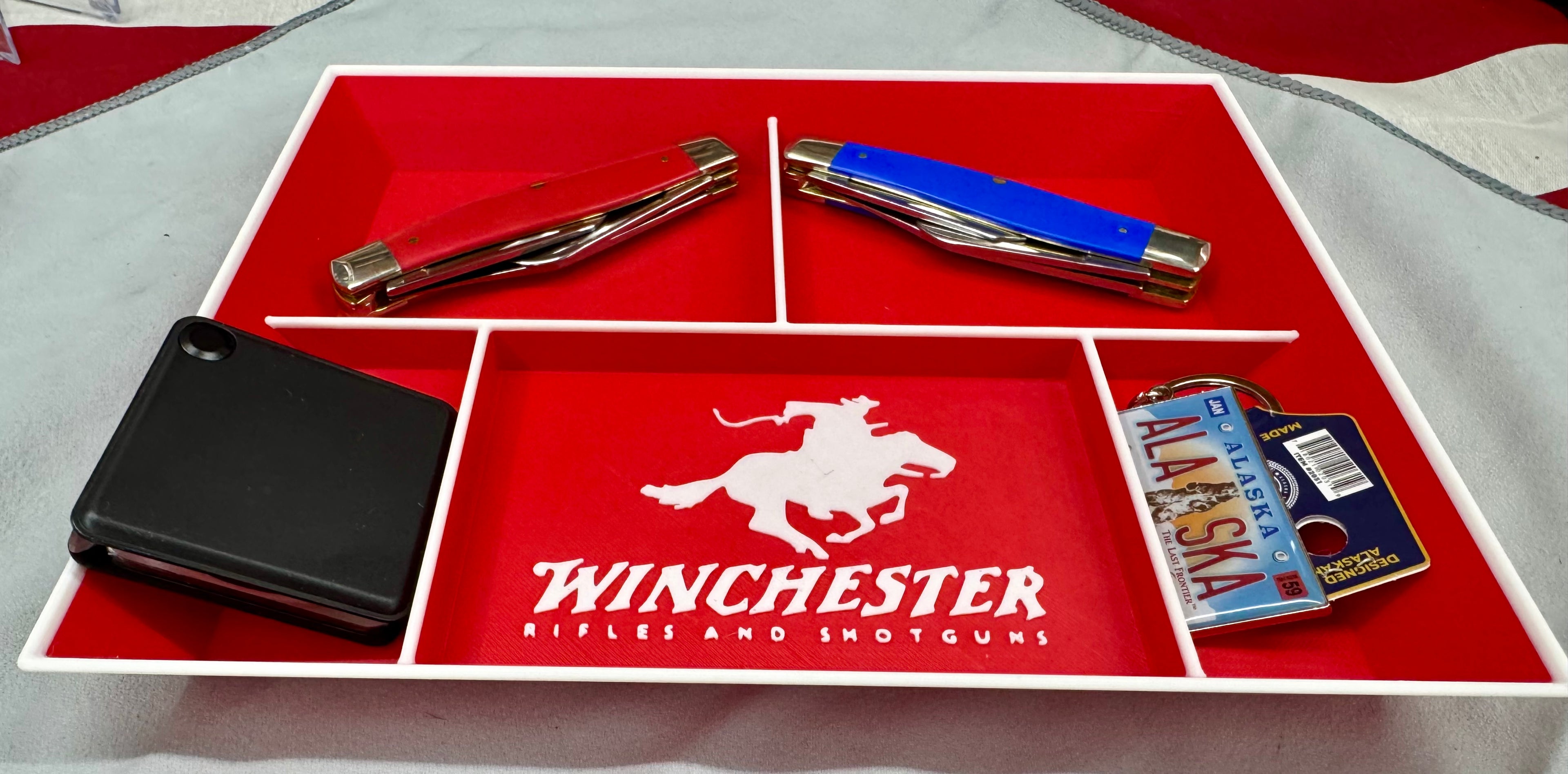 3D Printed Winchester Valet Tray – Red & White Catch-All Organizer w/ 5 Compartments for EDC, Keys & Pocket Dump