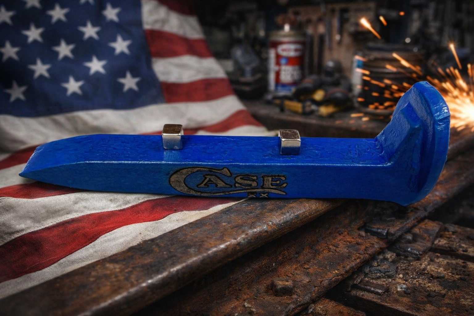 Case XX Blue Railroad Spike Knife Display – Magnetic Custom Knife Stand