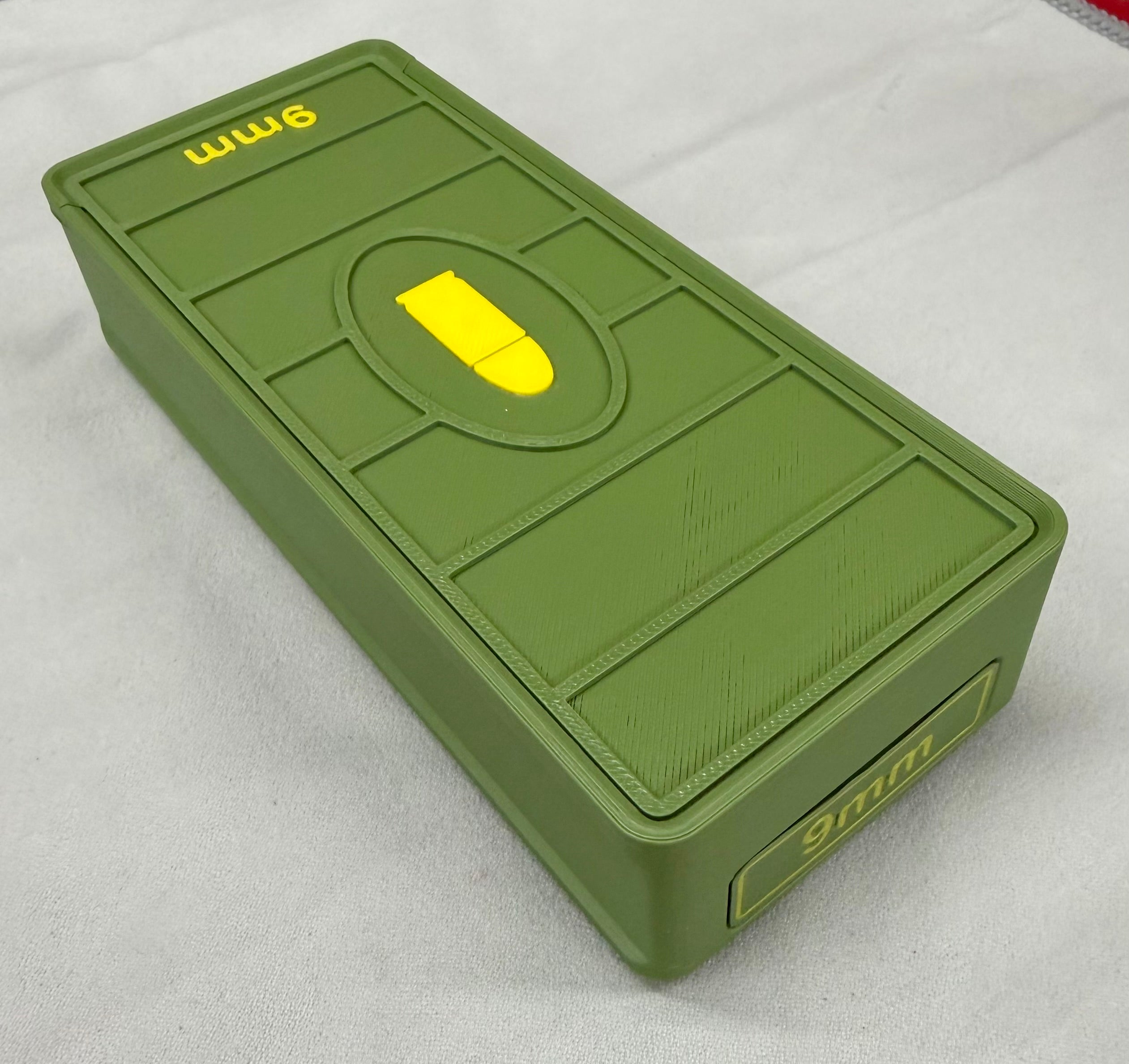 52 Round 9mm Ammo Box In OD Green & Yellow 3D Printed Sliding Lock Case