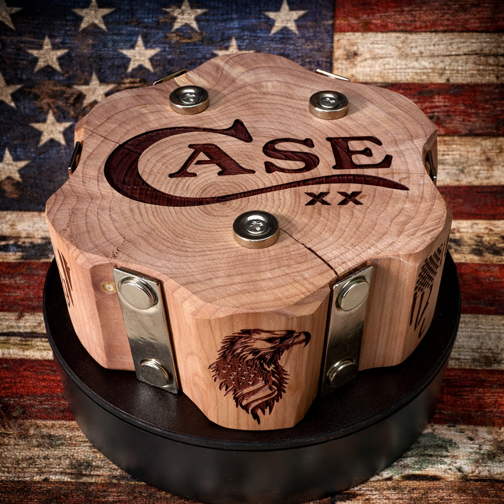 Handcrafted Rotating Cedar Case XX Collector Display – Patriotic 6 Knife Stand (One of a Kind)