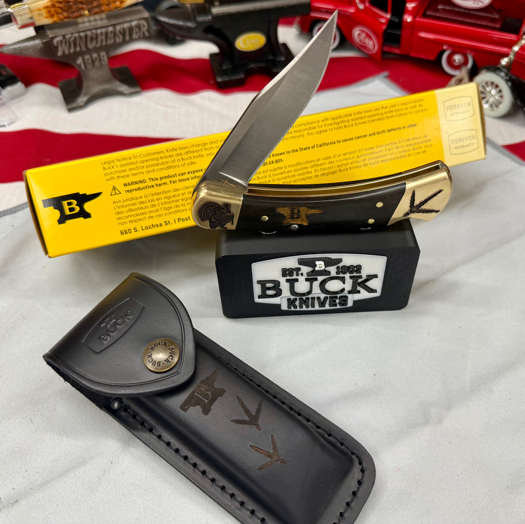 Custom Engraved Buck 110 “Turkey Hunter Edition” – Laser Finished Bolsters, Anvil Handles & Matching Leather Sheath