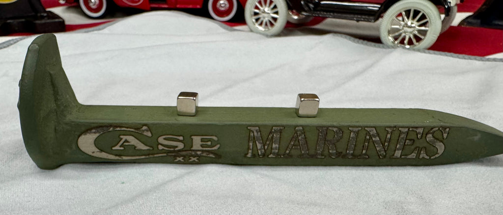 US Marines Railroad Spike Knife Display – OD Green Case XX Engraved Stand w/ Magnetic Holder – Authentic Retired Alabama Rail Spike