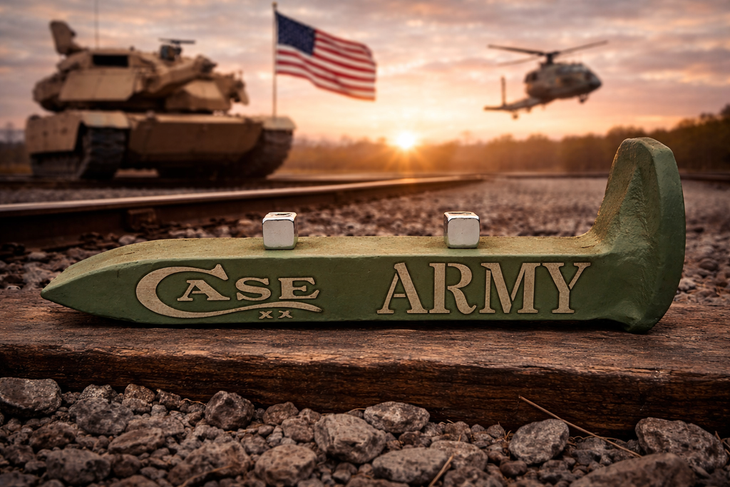 US Army Railroad Spike Knife Display – OD Green Case XX Engraved Stand w/ Magnetic Holder – Authentic Retired Alabama Rail Spike