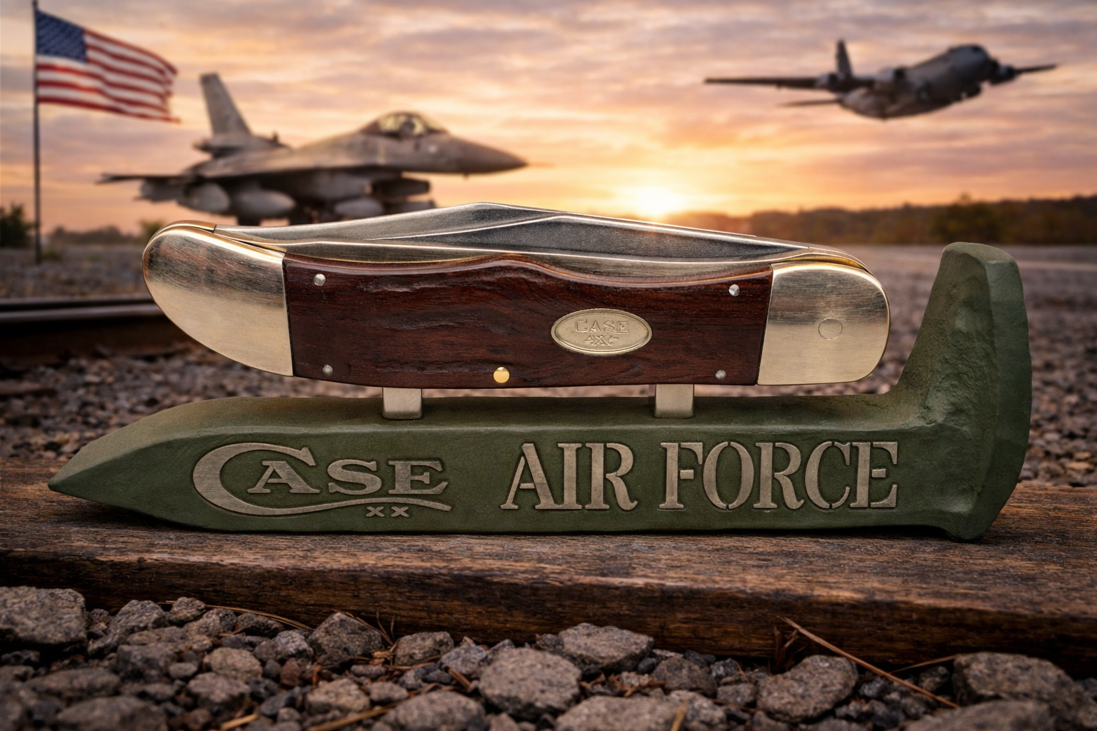 US Air Force Railroad Spike Knife Display – OD Green Case XX Engraved Stand w/ Magnetic Holder – Authentic Retired Alabama Rail Spike