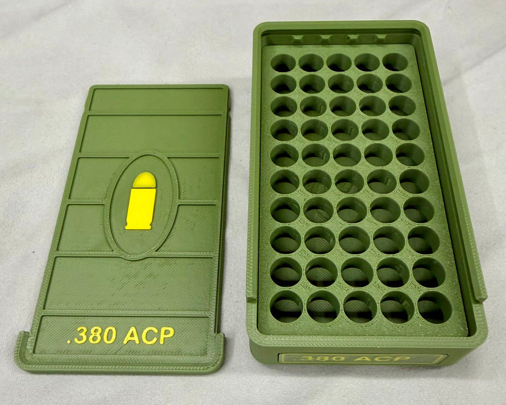 50 Round .380 ACP Ammo Box In OD Green & Yellow 3D Printed Sliding Lock Case