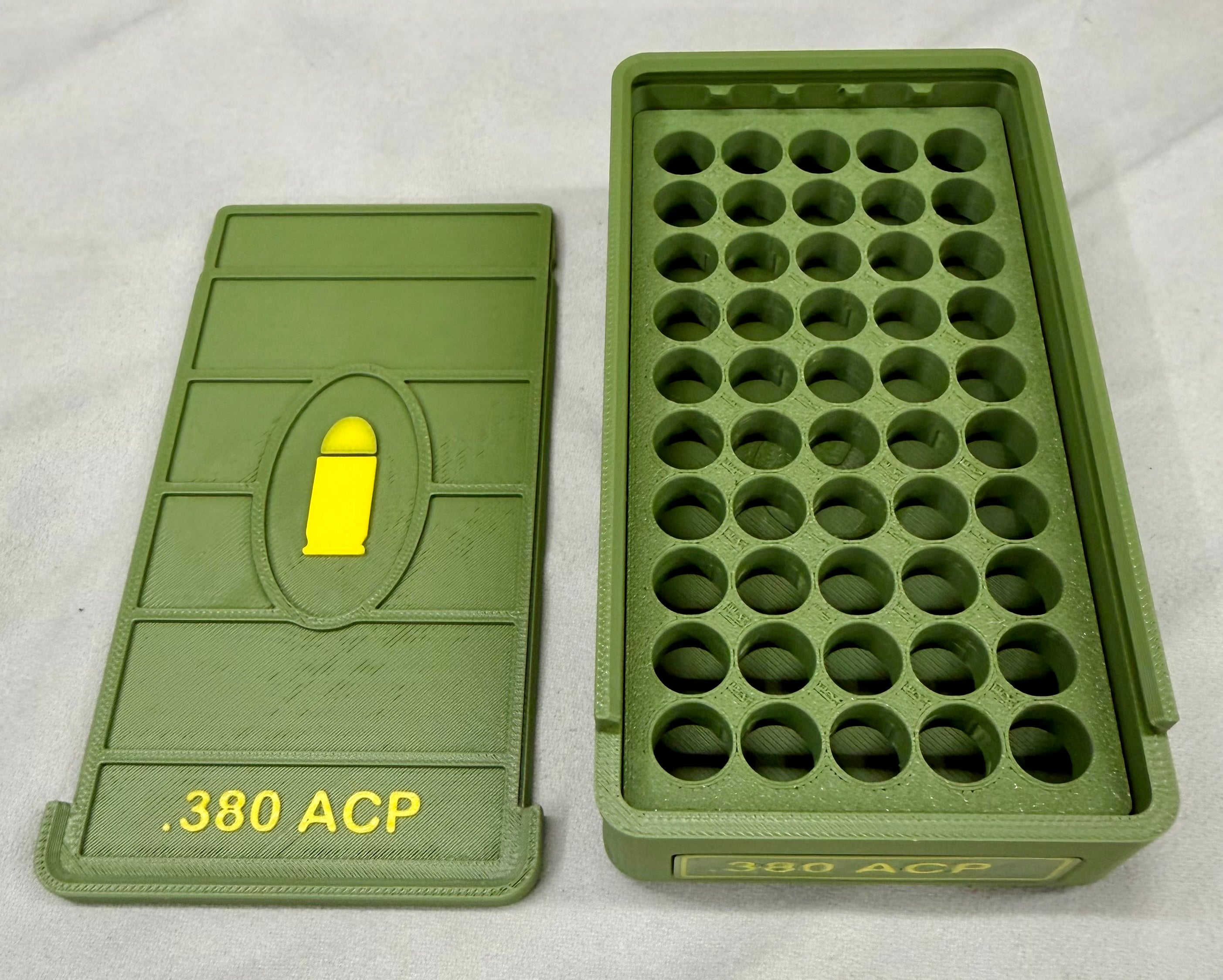 50 Round .380 ACP Ammo Box In OD Green & Yellow 3D Printed Sliding Lock Case