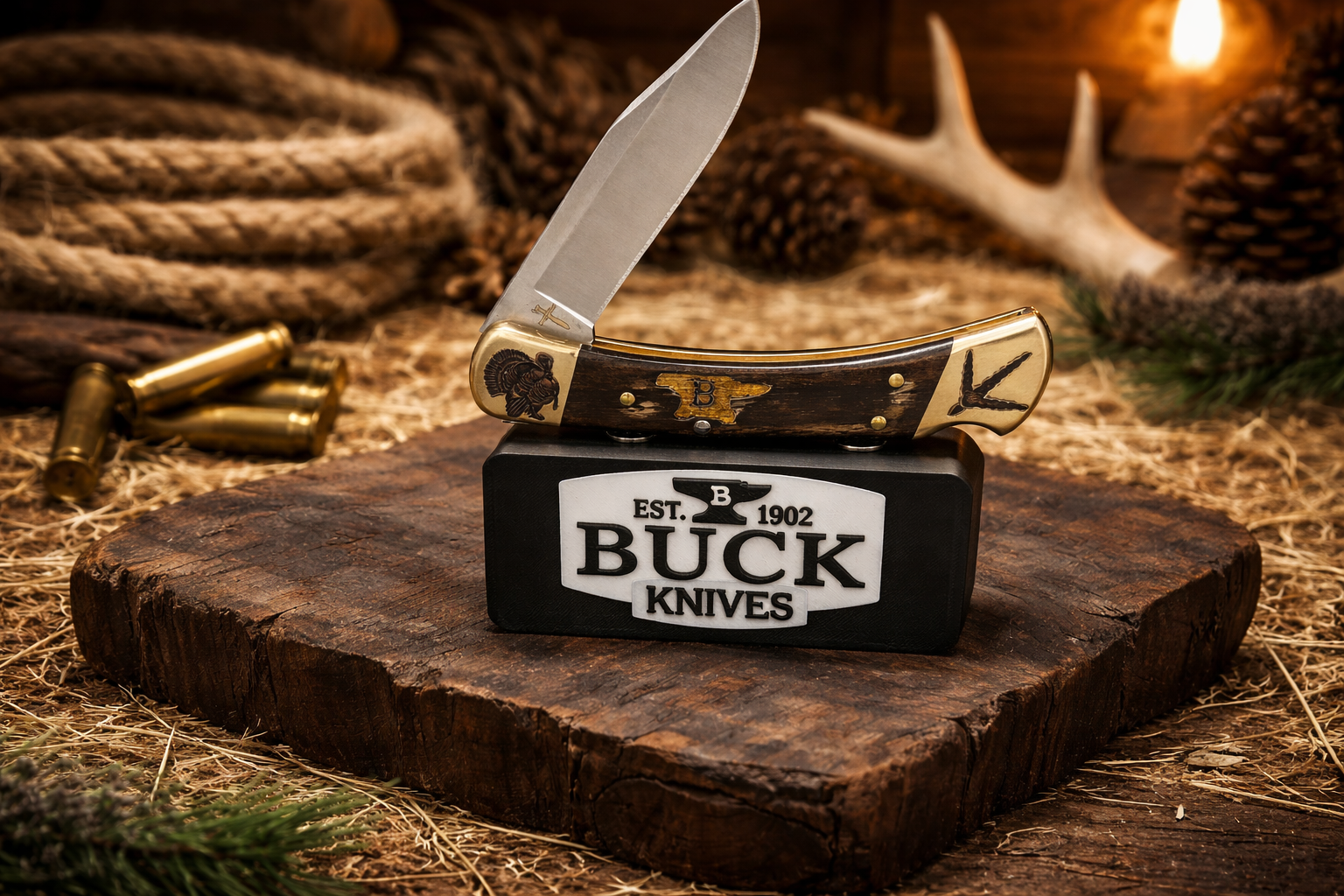 Custom Engraved Buck 110 “Turkey Hunter Edition” – Laser Finished Bolsters, Anvil Handles & Matching Leather Sheath