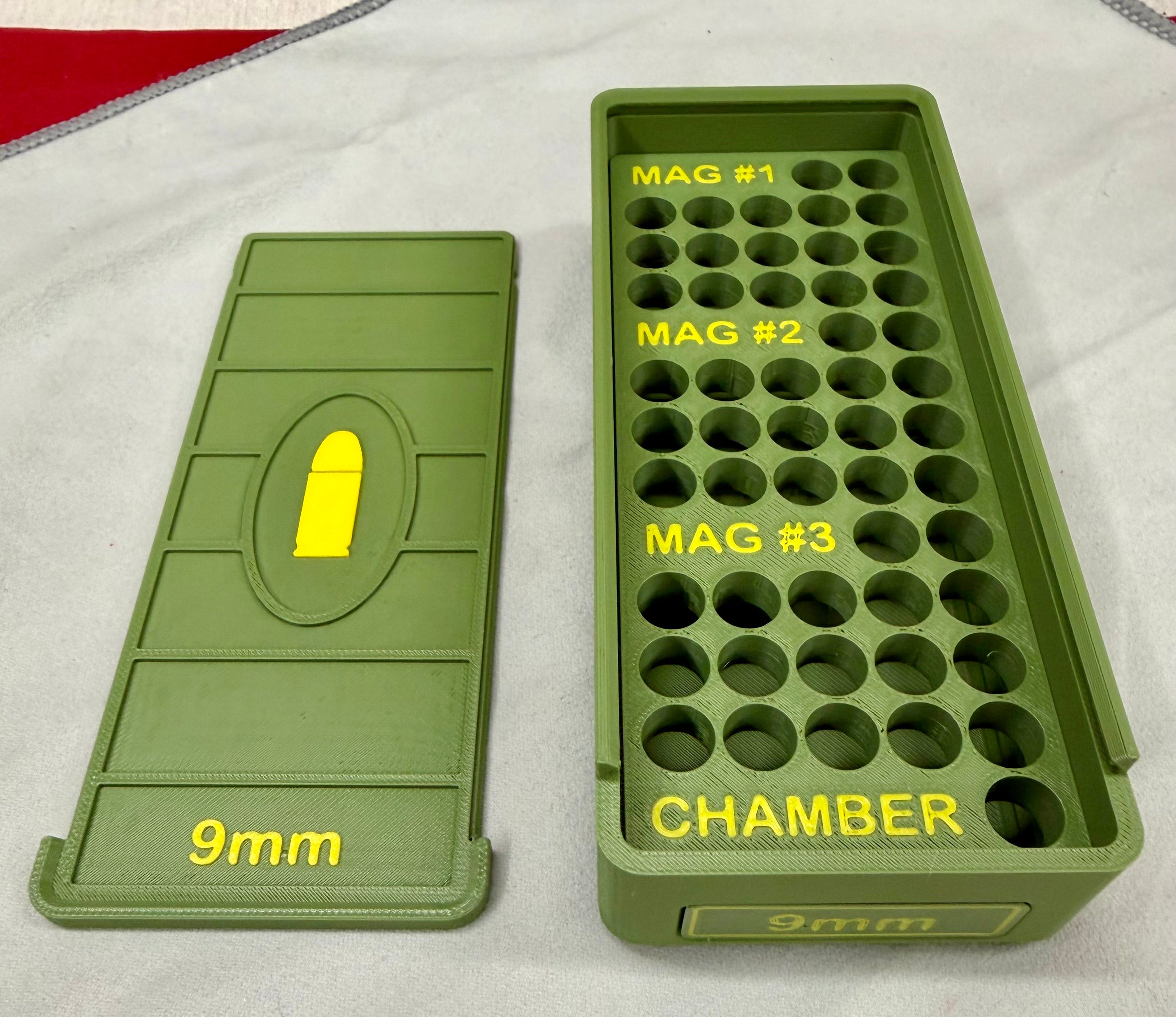52 Round 9mm Ammo Box In OD Green & Yellow 3D Printed Sliding Lock Case