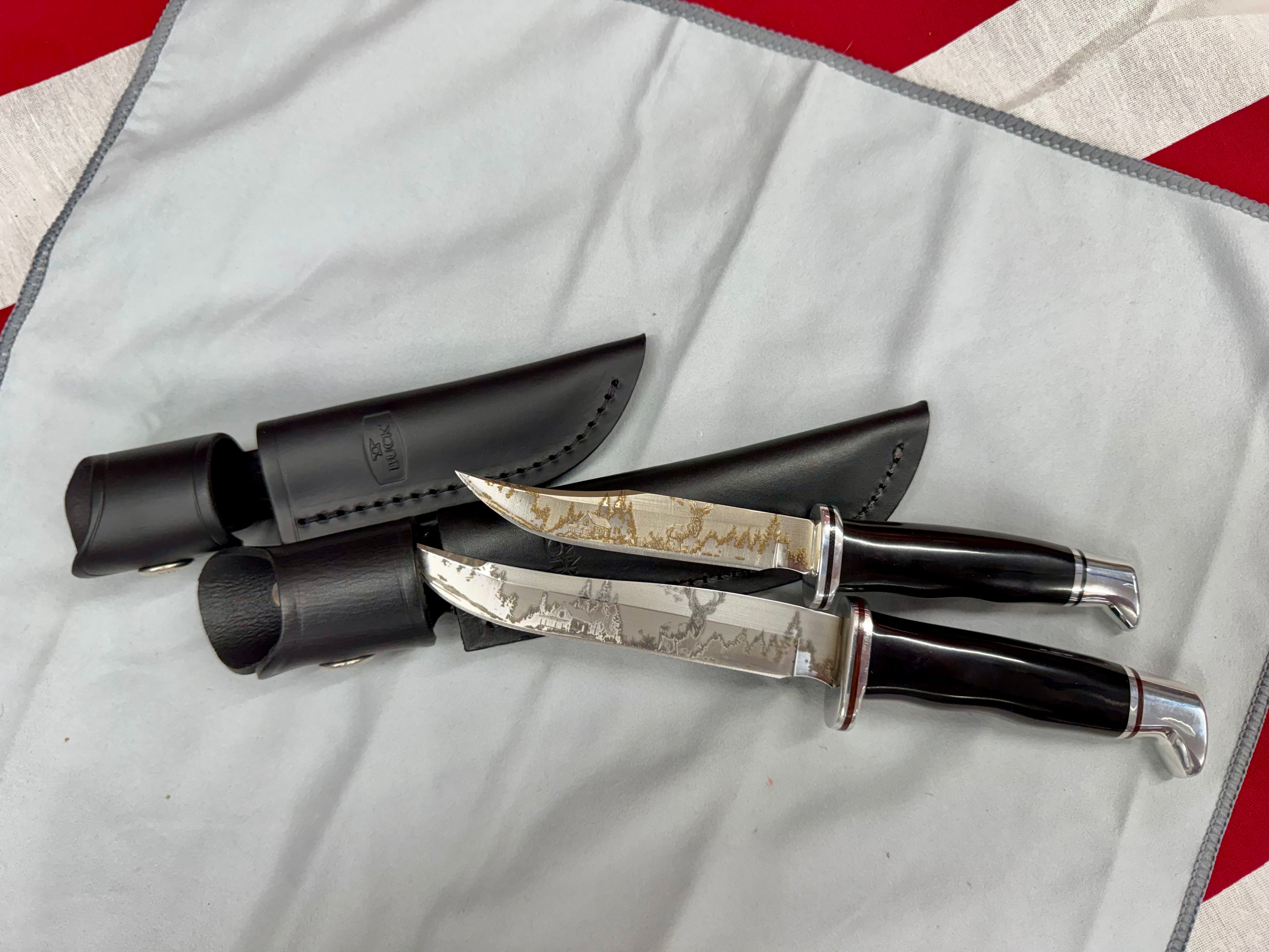 Custom Buck 102 & 105 Knife Set – Cabin, Forest & Whitetail Laser Engraved Blades