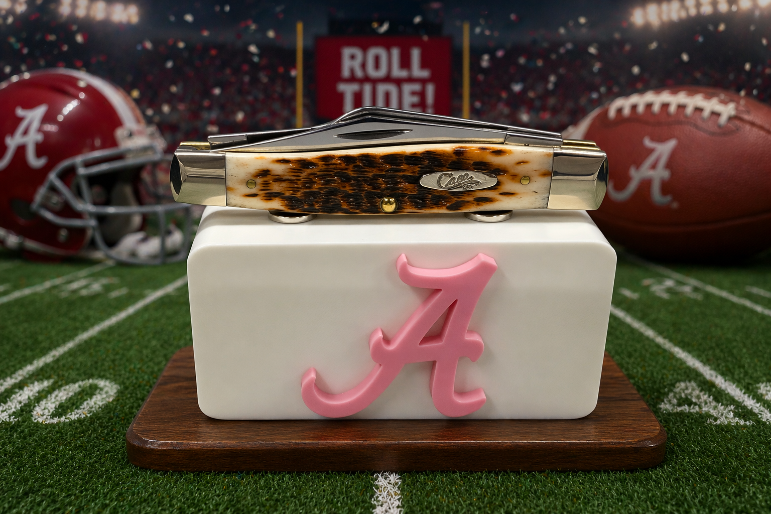 Alabama Crimson Tide Knife Display In White & Pink Magnetic 3D Printed Stand (4” x 2”)
