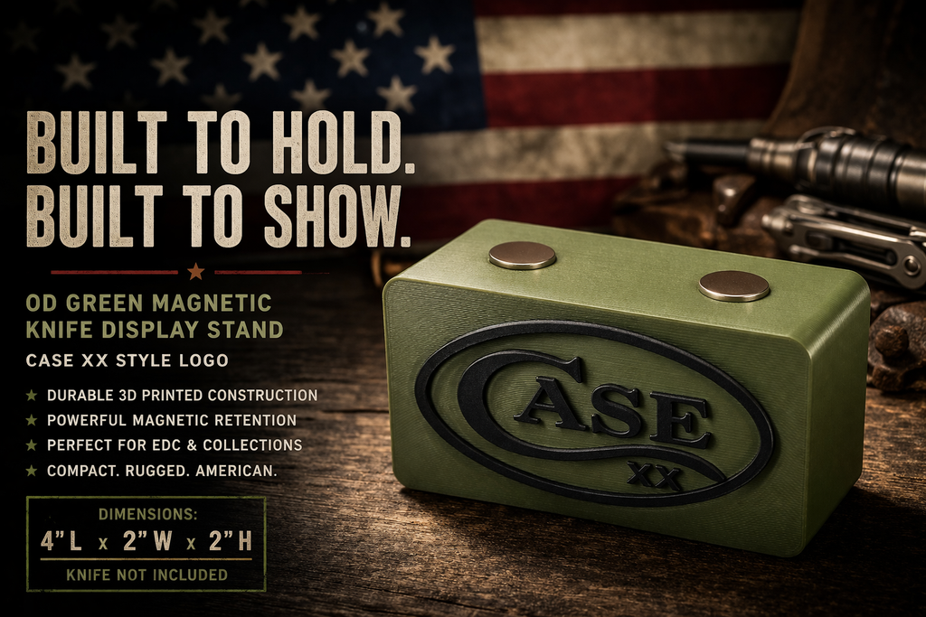 OD Green Magnetic Knife Display Stand – Case XX Style Logo | 3D Printed EDC Holder (4x2x2)