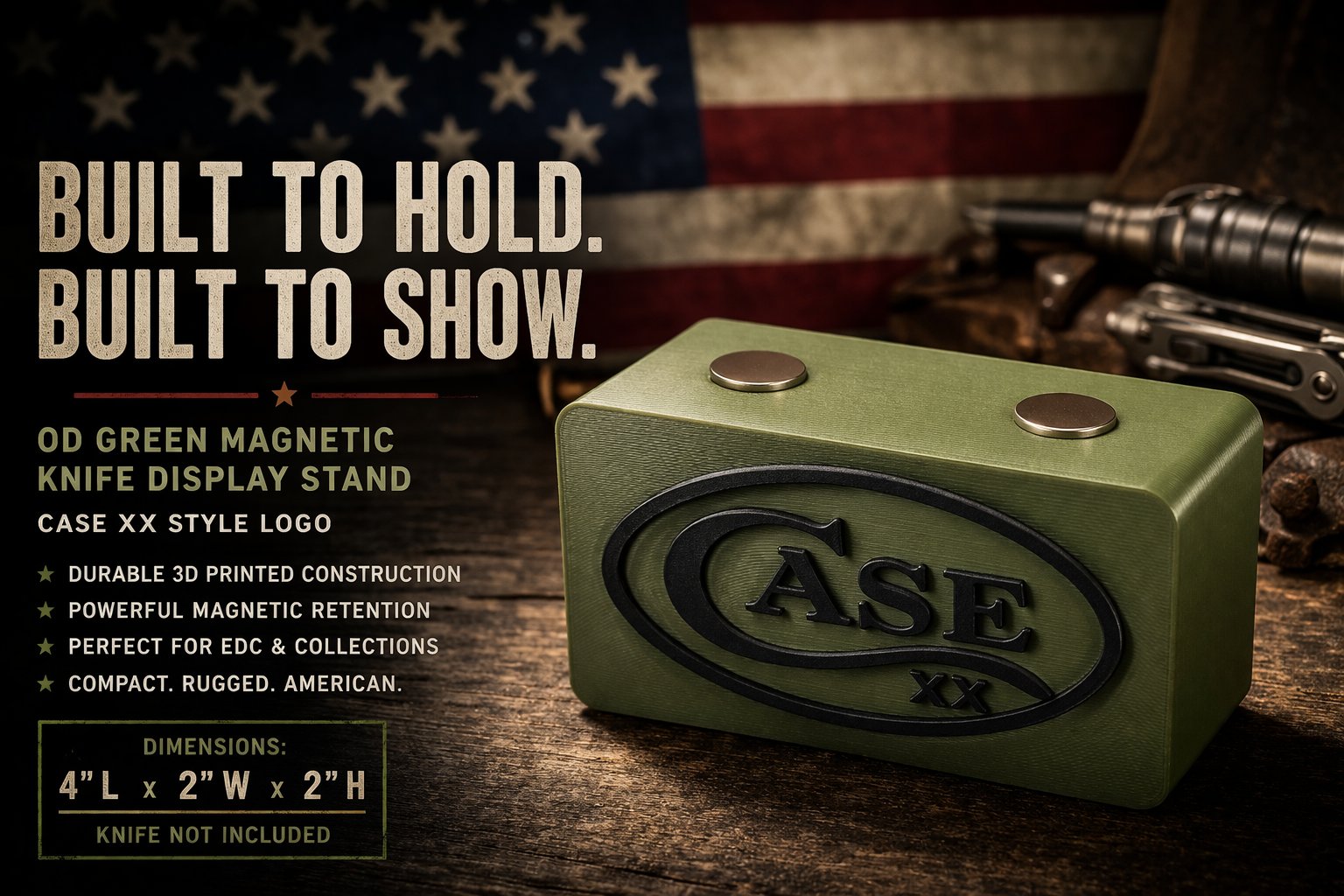 OD Green Magnetic Knife Display Stand – Case XX Style Logo | 3D Printed EDC Holder (4x2x2)