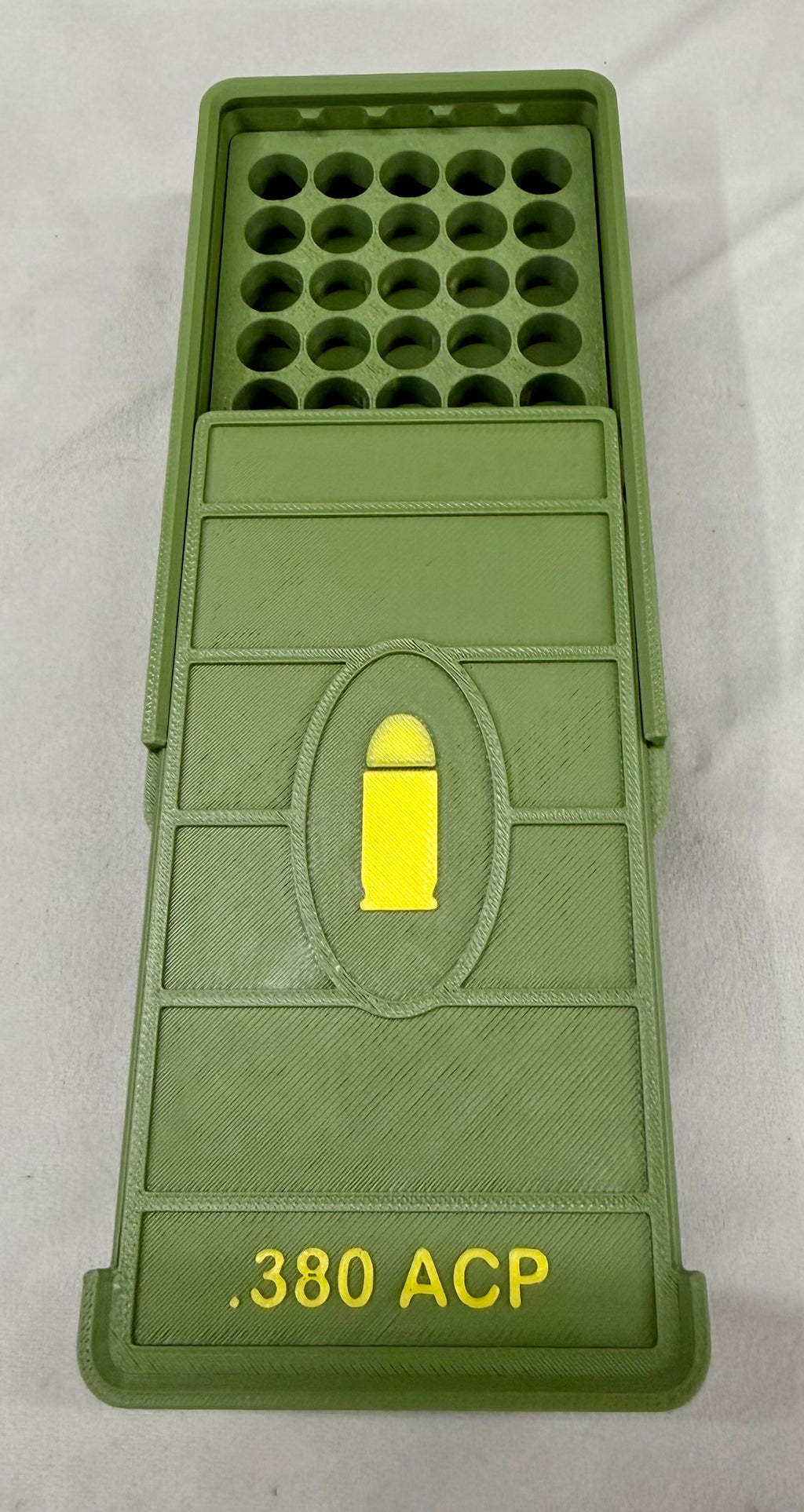 50 Round .380 ACP Ammo Box In OD Green & Yellow 3D Printed Sliding Lock Case