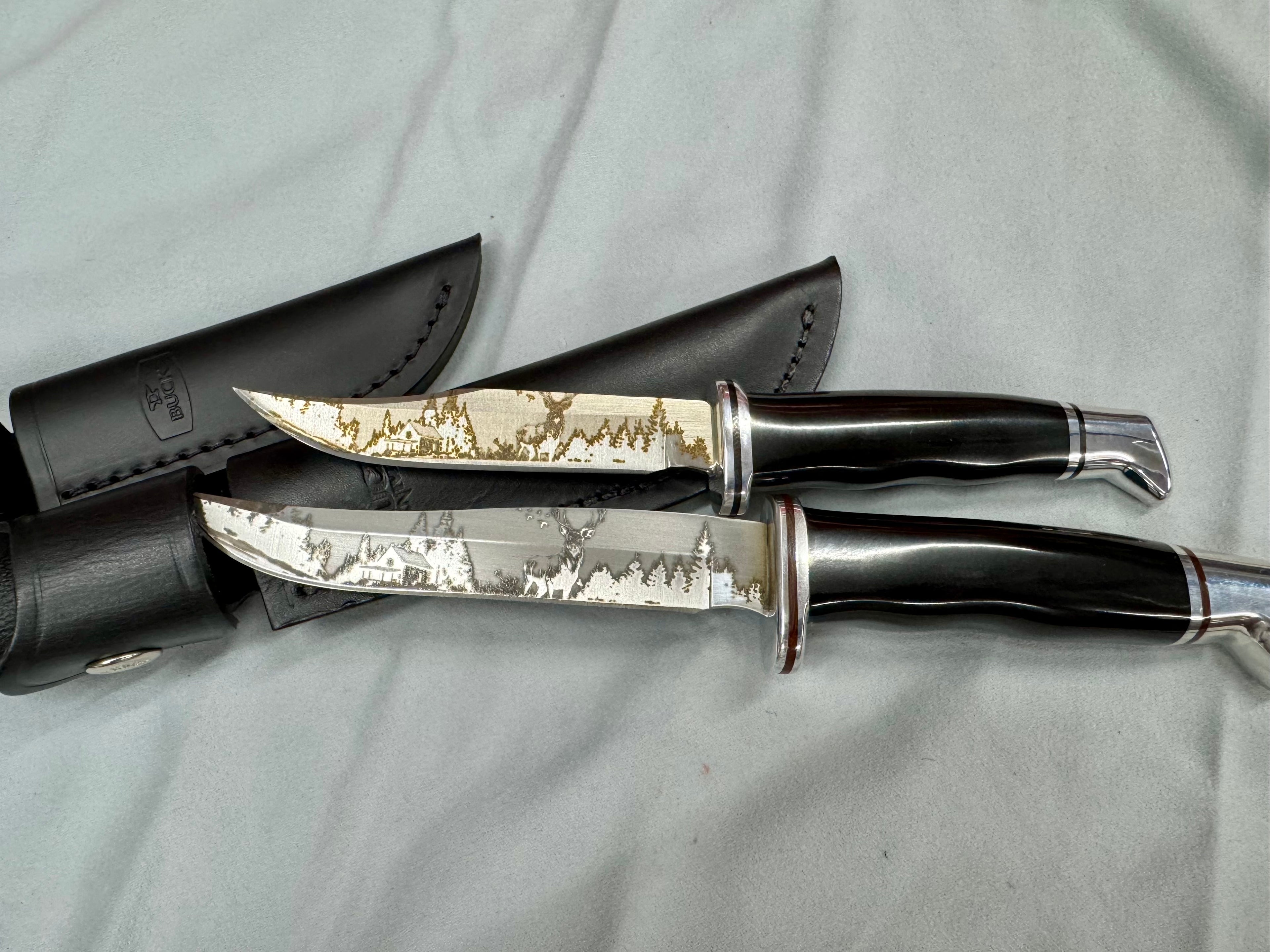 Custom Buck 102 & 105 Knife Set – Cabin, Forest & Whitetail Laser Engraved Blades