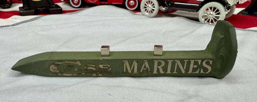 US Marines Railroad Spike Knife Display – OD Green Case XX Engraved Stand w/ Magnetic Holder – Authentic Retired Alabama Rail Spike