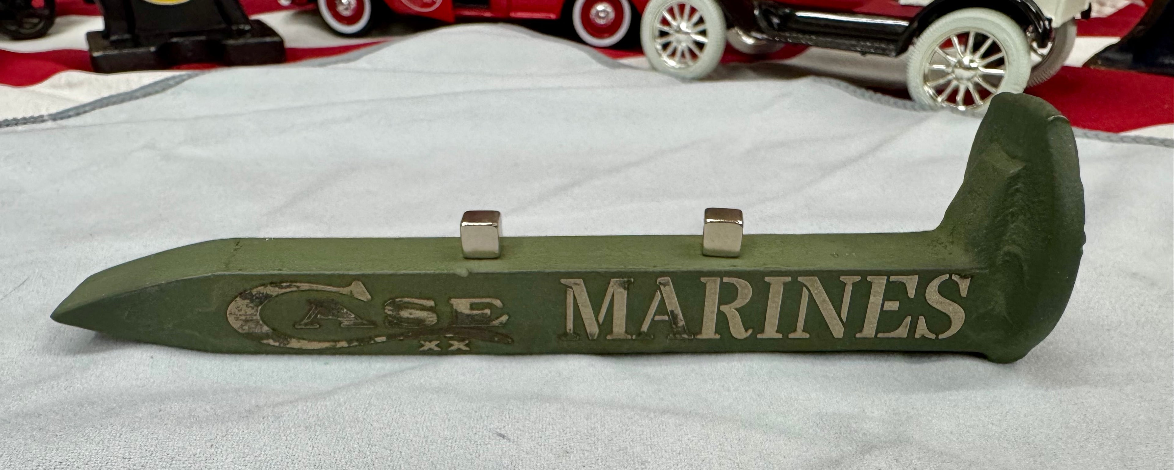 US Marines Railroad Spike Knife Display – OD Green Case XX Engraved Stand w/ Magnetic Holder – Authentic Retired Alabama Rail Spike