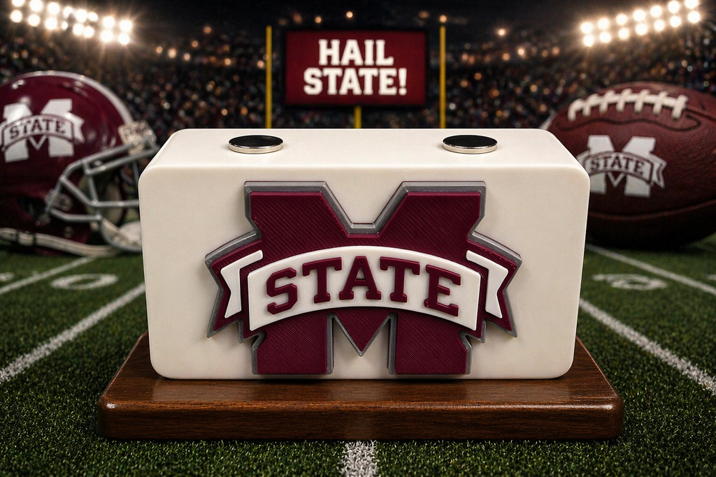 Mississippi State Knife Display In White & Maroon Magnetic 3D Printed Stand (4” x 2”)