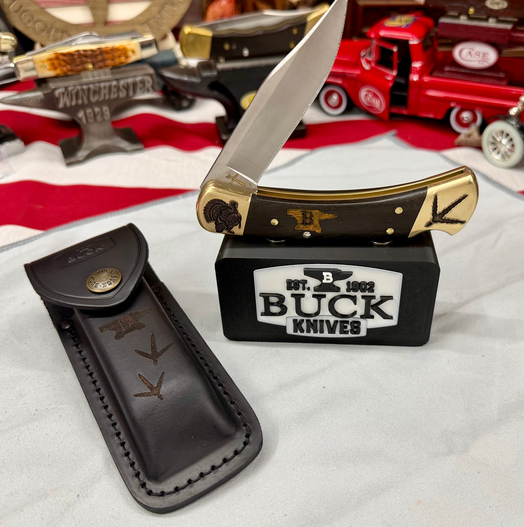 Custom Engraved Buck 110 “Turkey Hunter Edition” – Laser Finished Bolsters, Anvil Handles & Matching Leather Sheath