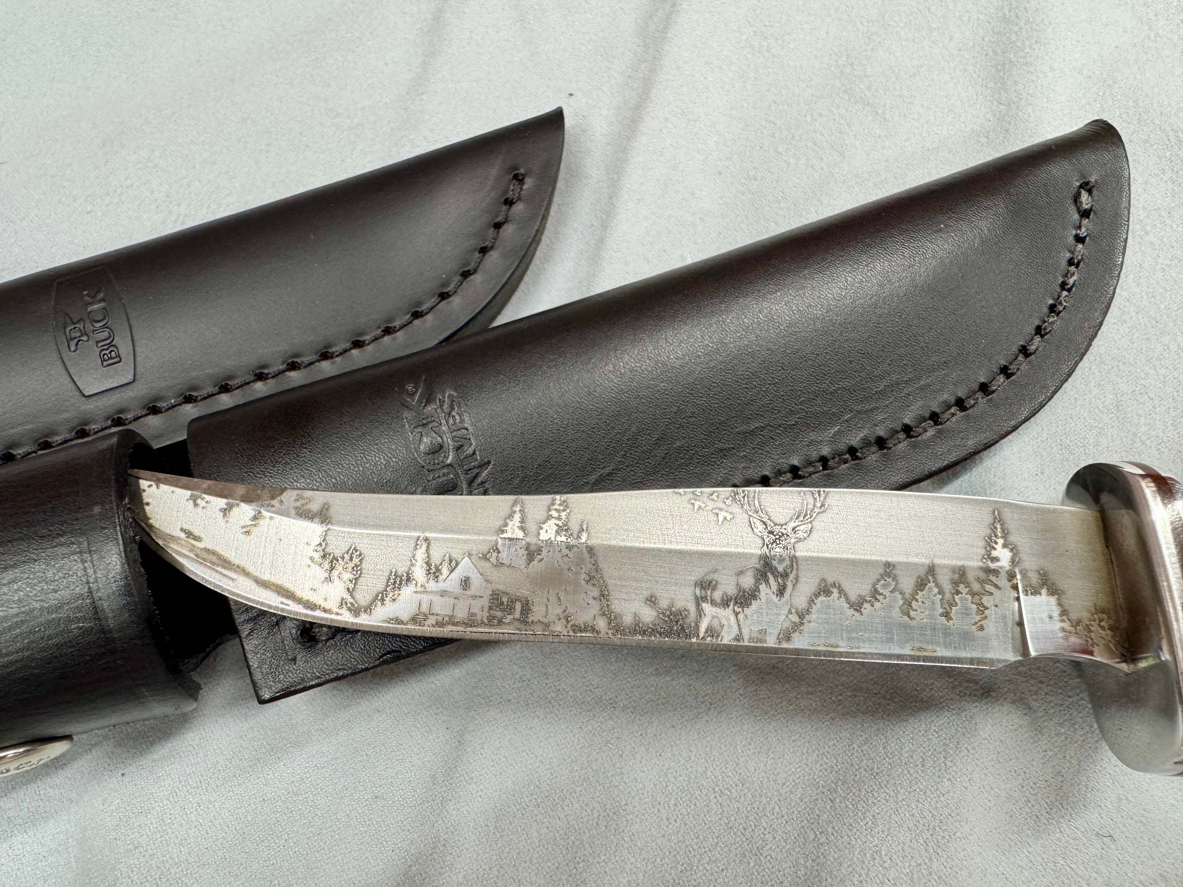 Custom Buck 102 & 105 Knife Set – Cabin, Forest & Whitetail Laser Engraved Blades
