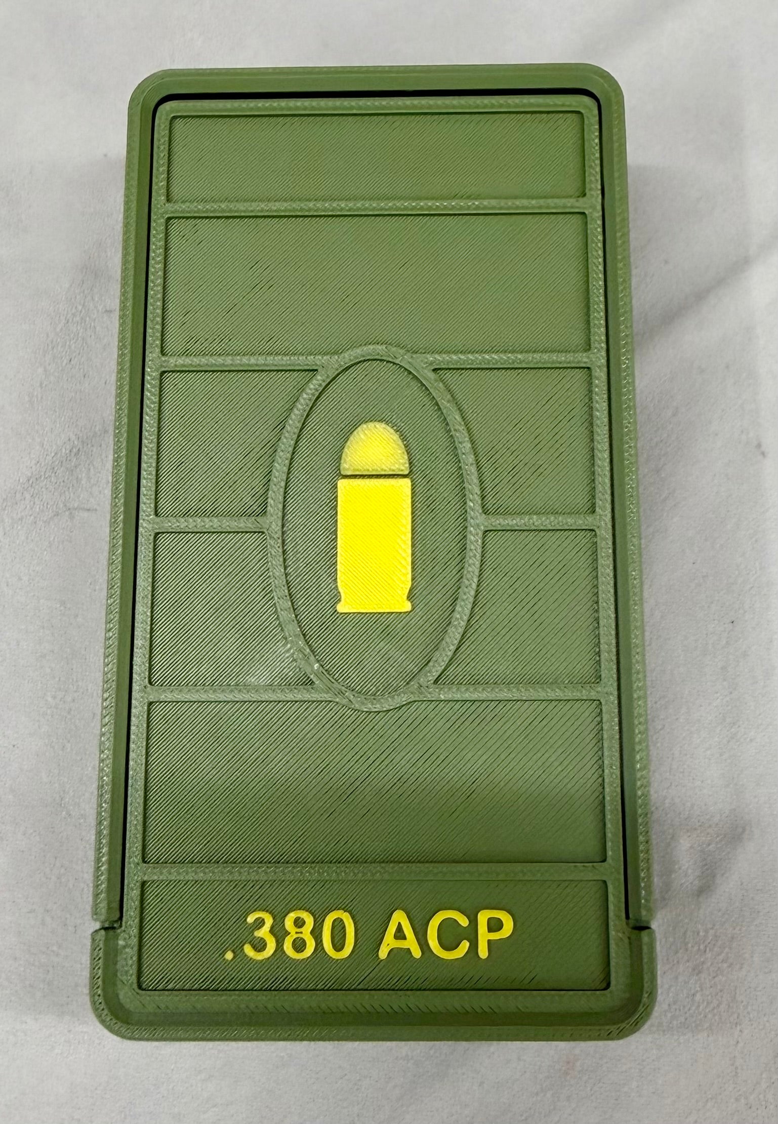 50 Round .380 ACP Ammo Box In OD Green & Yellow 3D Printed Sliding Lock Case