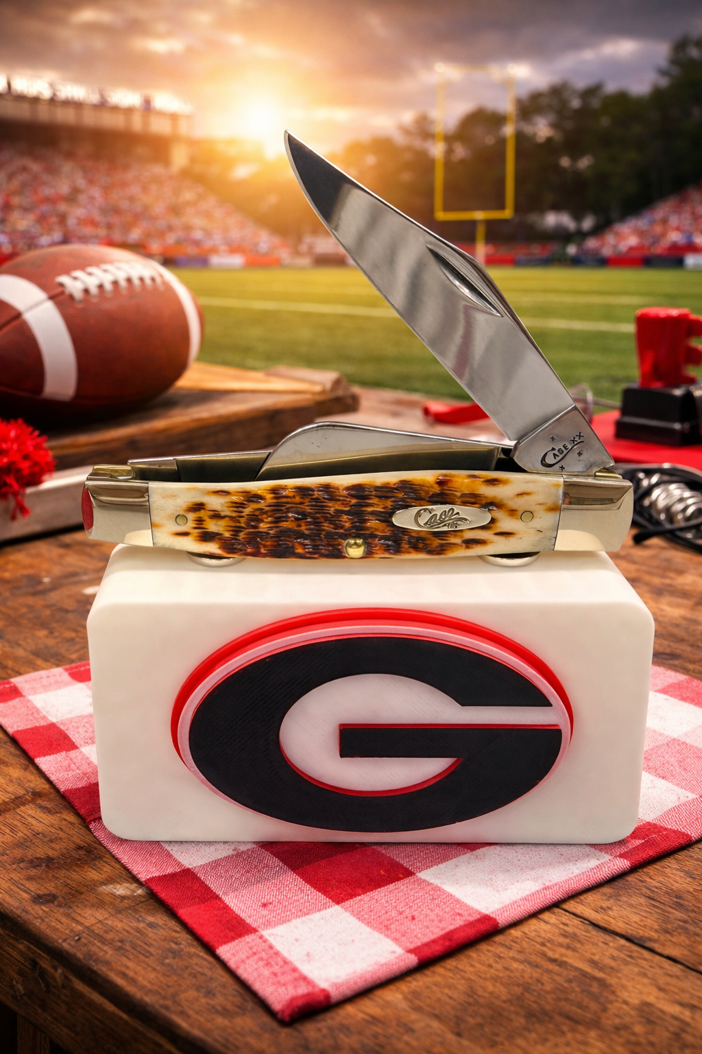 Georgia Bulldogs 3D Printed Knife Display Stand – Magnetic EDC Holder – Red, Black & White Logo – Compact 4x2 Display