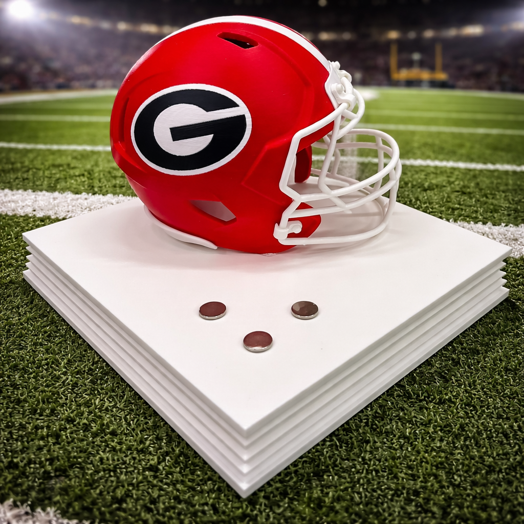 Georgia Bulldogs Helmet Knife Display – 3D Printed Magnetic Stand (White 8x8 Platform)
