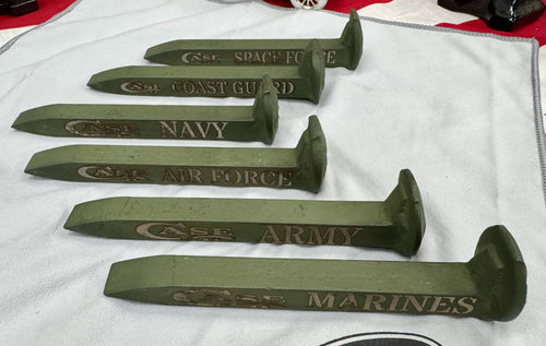 6 Pc Military Railroad Spike Knife Display Set – Case XX Engraved OD Green | Army Navy Marines Air Force Coast Guard Space Force | Magnetic Knife Holders