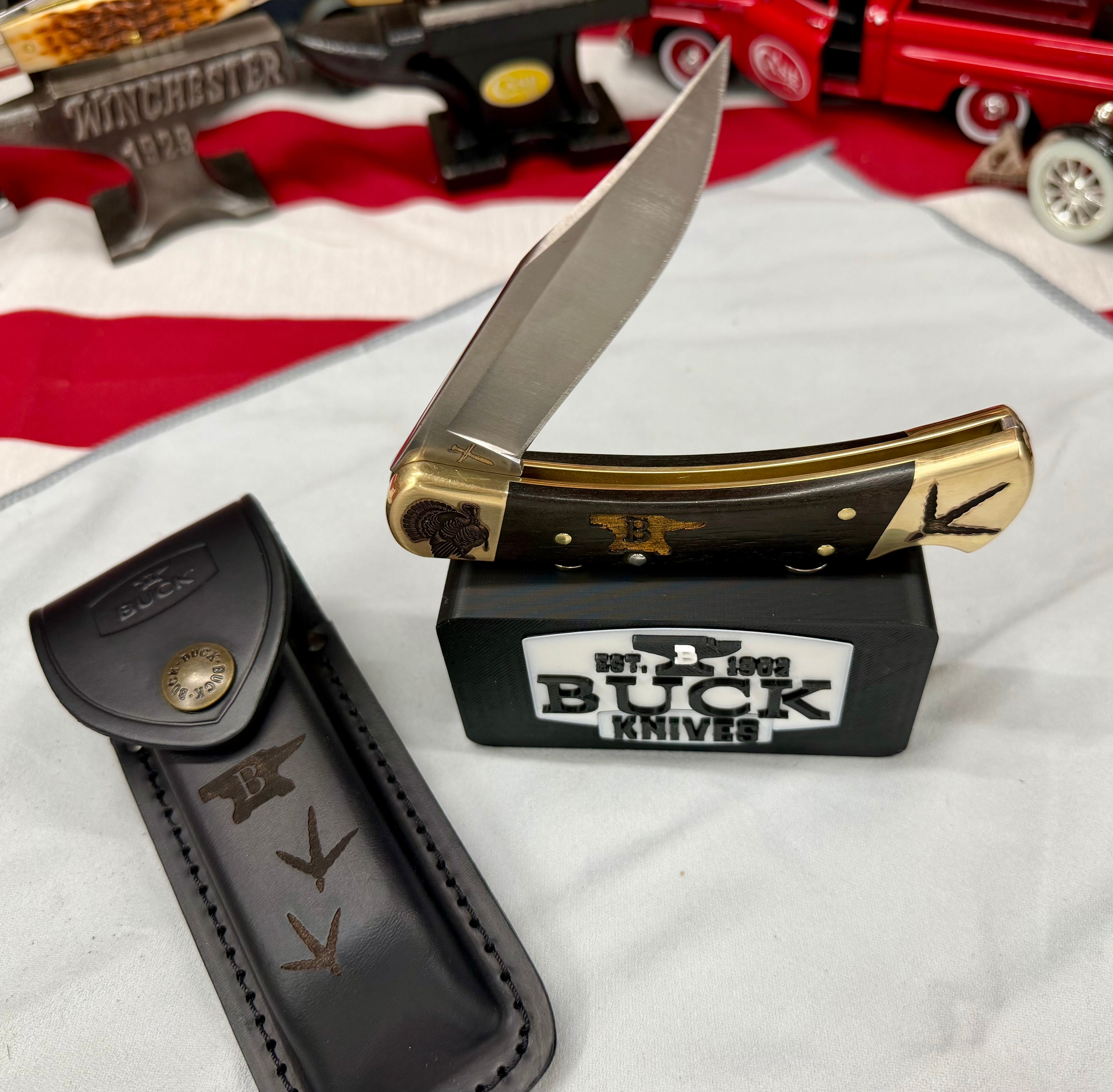 Custom Engraved Buck 110 “Turkey Hunter Edition” – Laser Finished Bolsters, Anvil Handles & Matching Leather Sheath