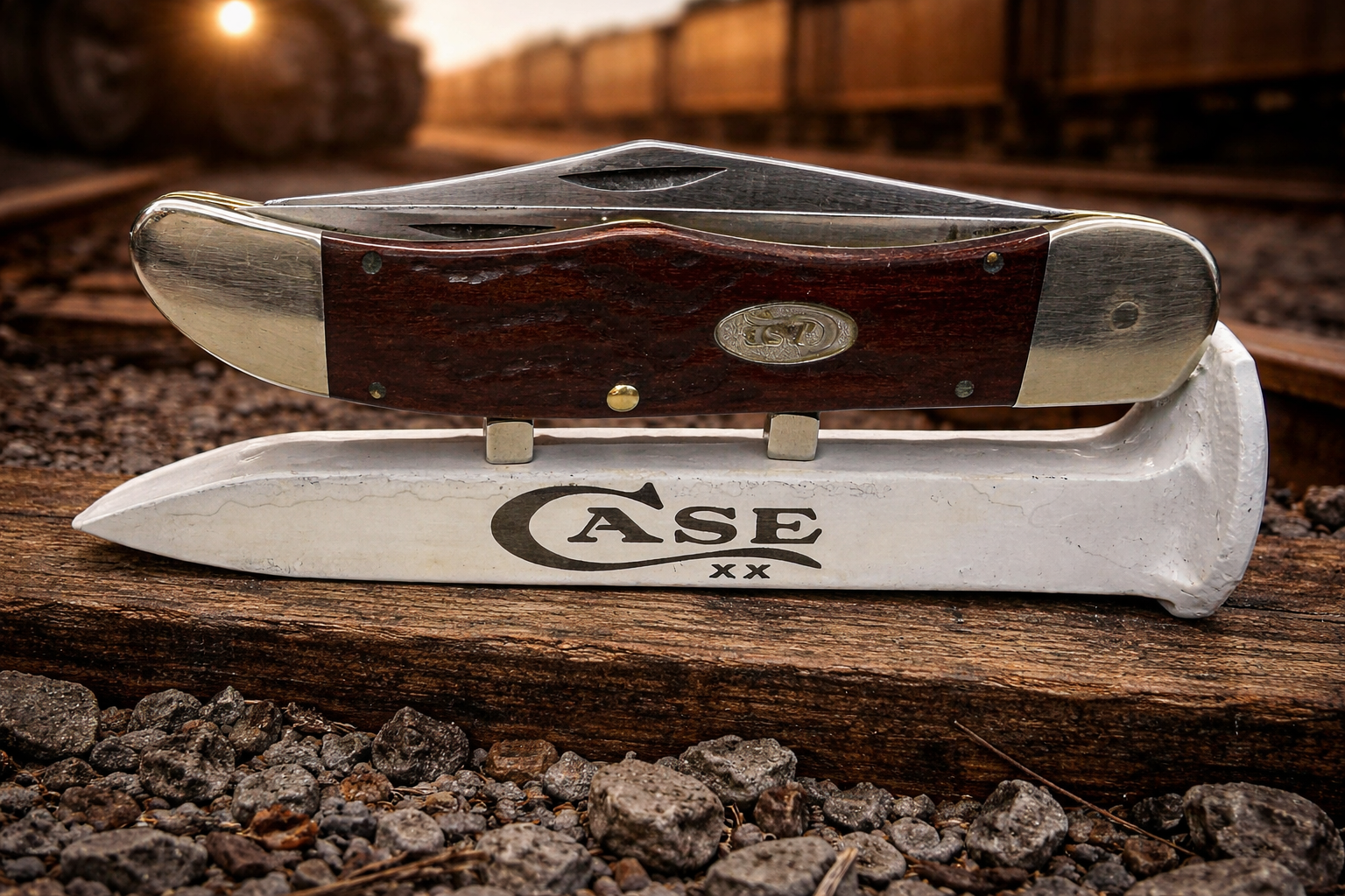 Repurposed White Railroad Spike Knife Display – White Case XX Engraved Stand w/ Magnetic Knife Holder – Authentic Retired Alabama Rail Spike