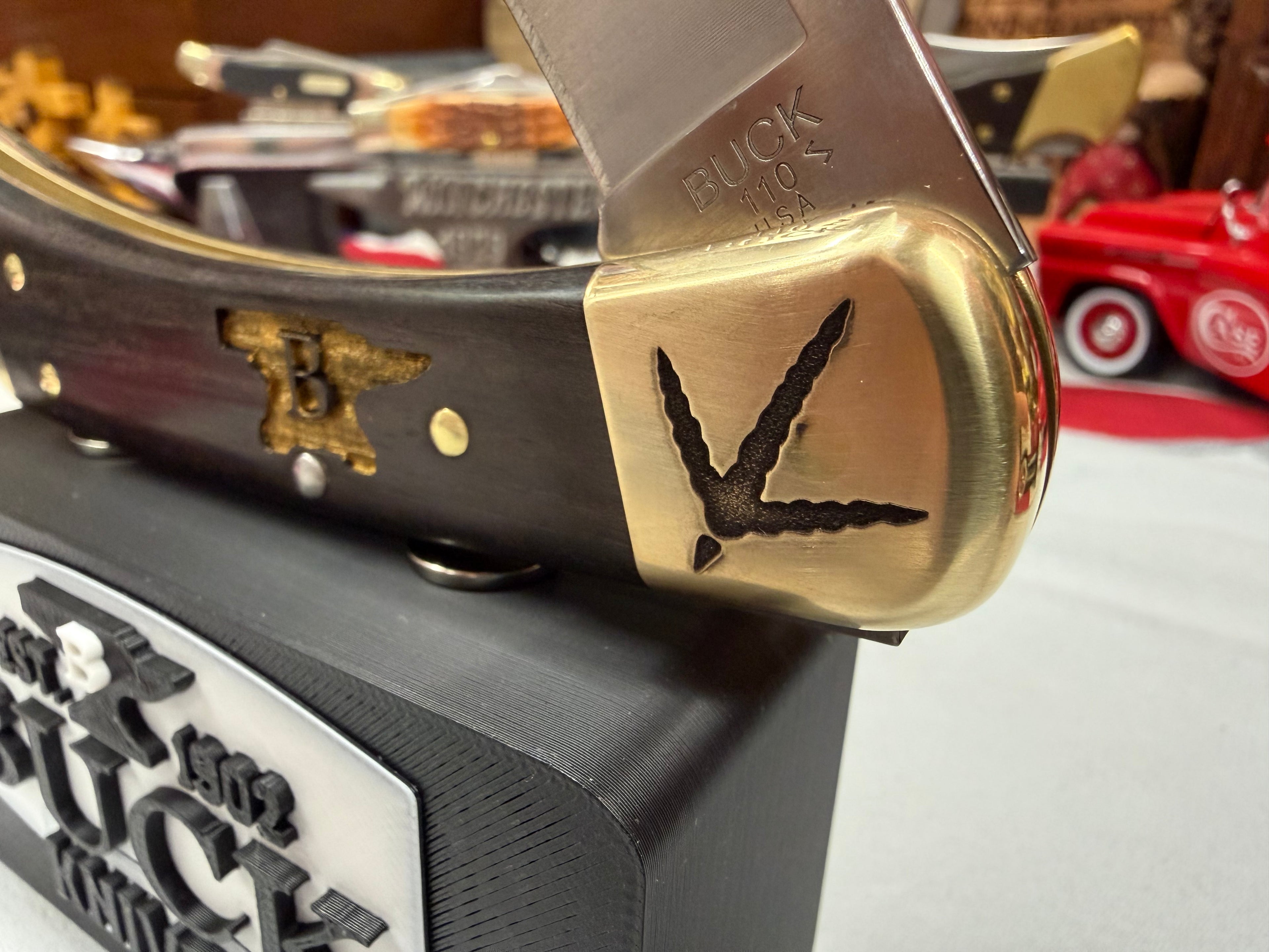 Custom Engraved Buck 110 “Turkey Hunter Edition” – Laser Finished Bolsters, Anvil Handles & Matching Leather Sheath