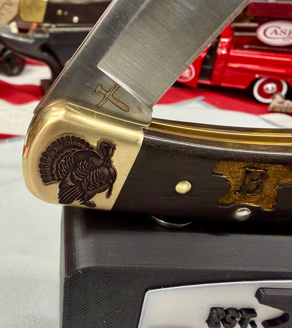 Custom Engraved Buck 110 “Turkey Hunter Edition” – Laser Finished Bolsters, Anvil Handles & Matching Leather Sheath