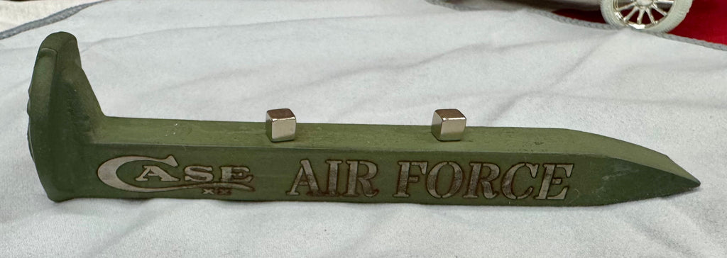 US Air Force Railroad Spike Knife Display – OD Green Case XX Engraved Stand w/ Magnetic Holder – Authentic Retired Alabama Rail Spike