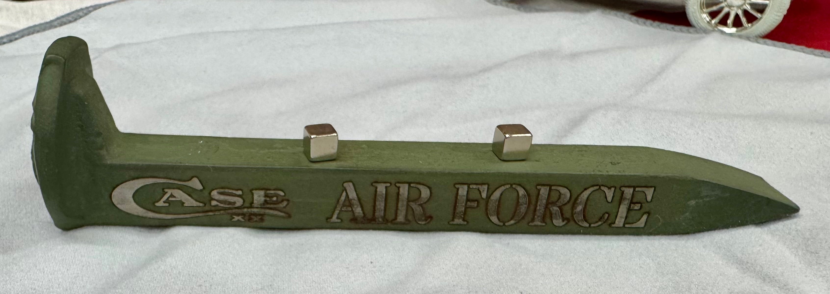 US Air Force Railroad Spike Knife Display – OD Green Case XX Engraved Stand w/ Magnetic Holder – Authentic Retired Alabama Rail Spike