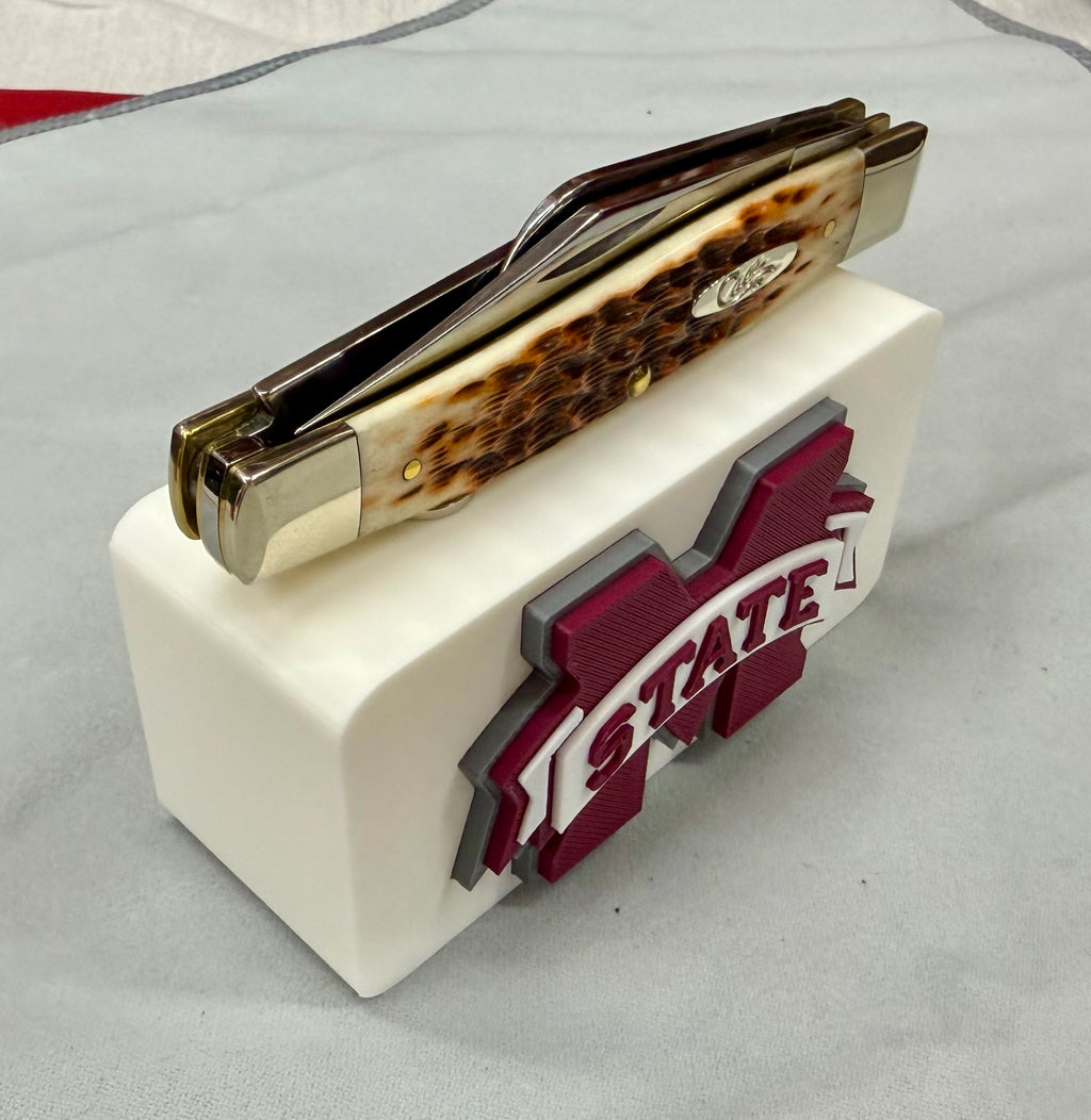Mississippi State Knife Display In White & Maroon Magnetic 3D Printed Stand (4” x 2”)