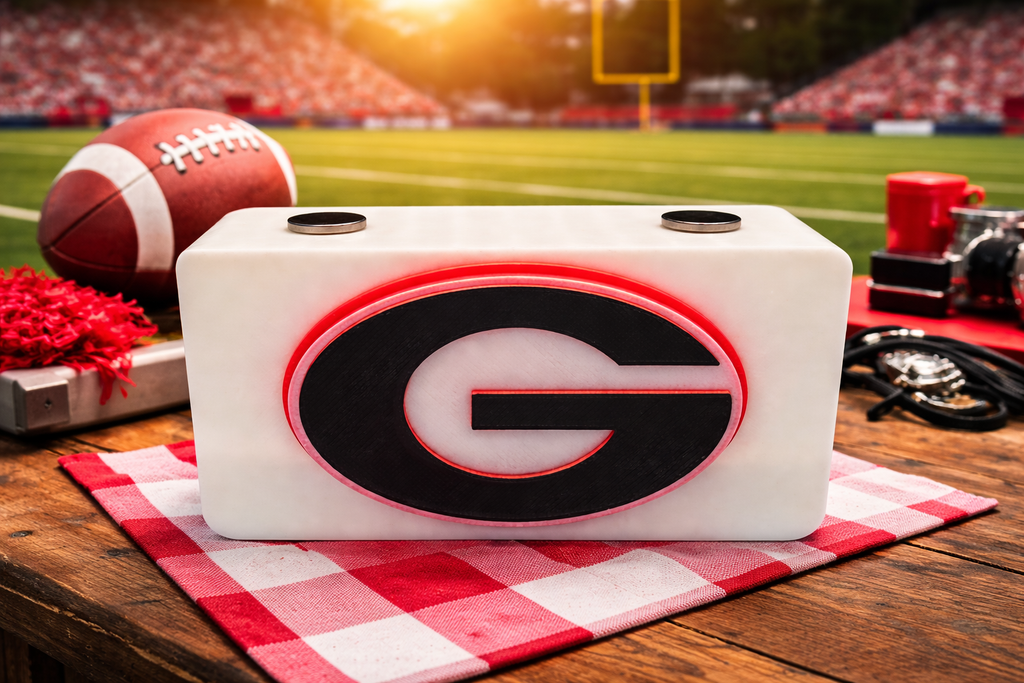 Georgia Bulldogs 3D Printed Knife Display Stand – Magnetic EDC Holder – Red, Black & White Logo – Compact 4x2 Display